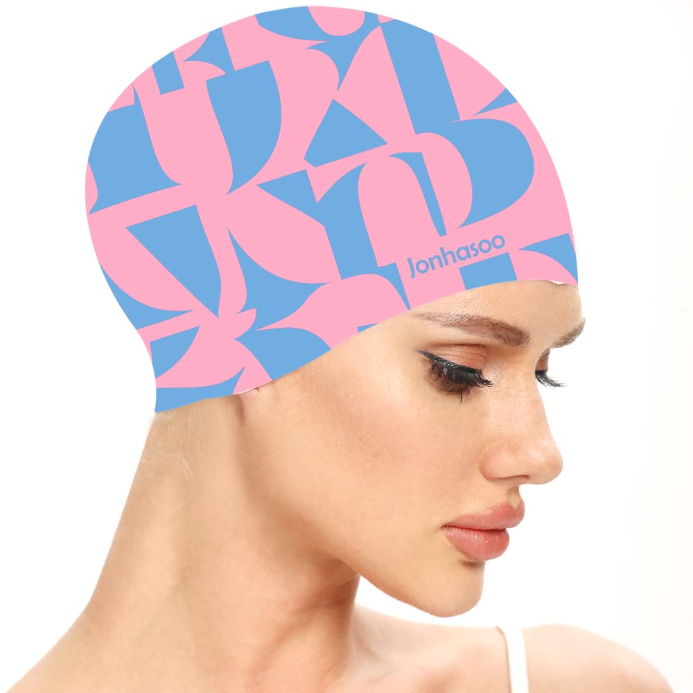 Women's Printed Swim Cap for Long Hair - Waterproof Silicone Swimming Cap for Women - Perfect for Lap Swimming, Pool Workouts & Competitive Swimming