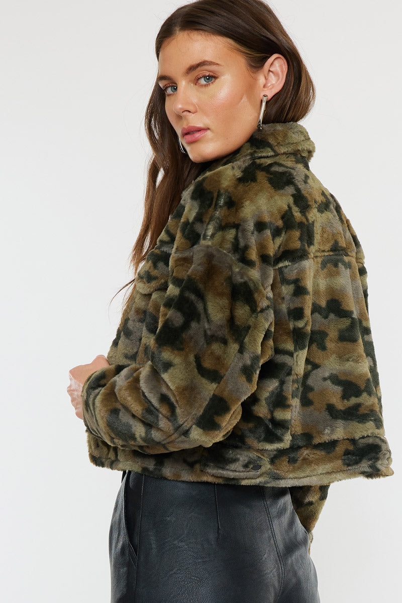 Jax Faux Fur Camo Jacket - Women's Winter Fashion Coat with Hood, Warm & Stylish Outerwear for Outdoor Adventures & Casual Wear