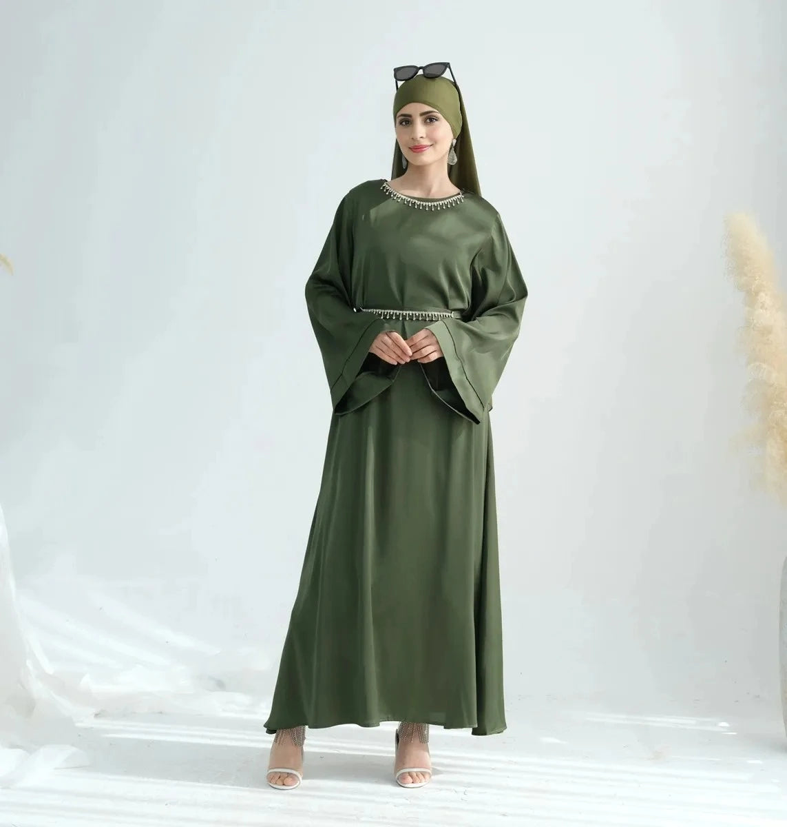 Elegant Crystal Belt Satin Abaya Dress with Matching Hijab & Necklace Set - Perfect for Eid, Weddings & Special Occasions