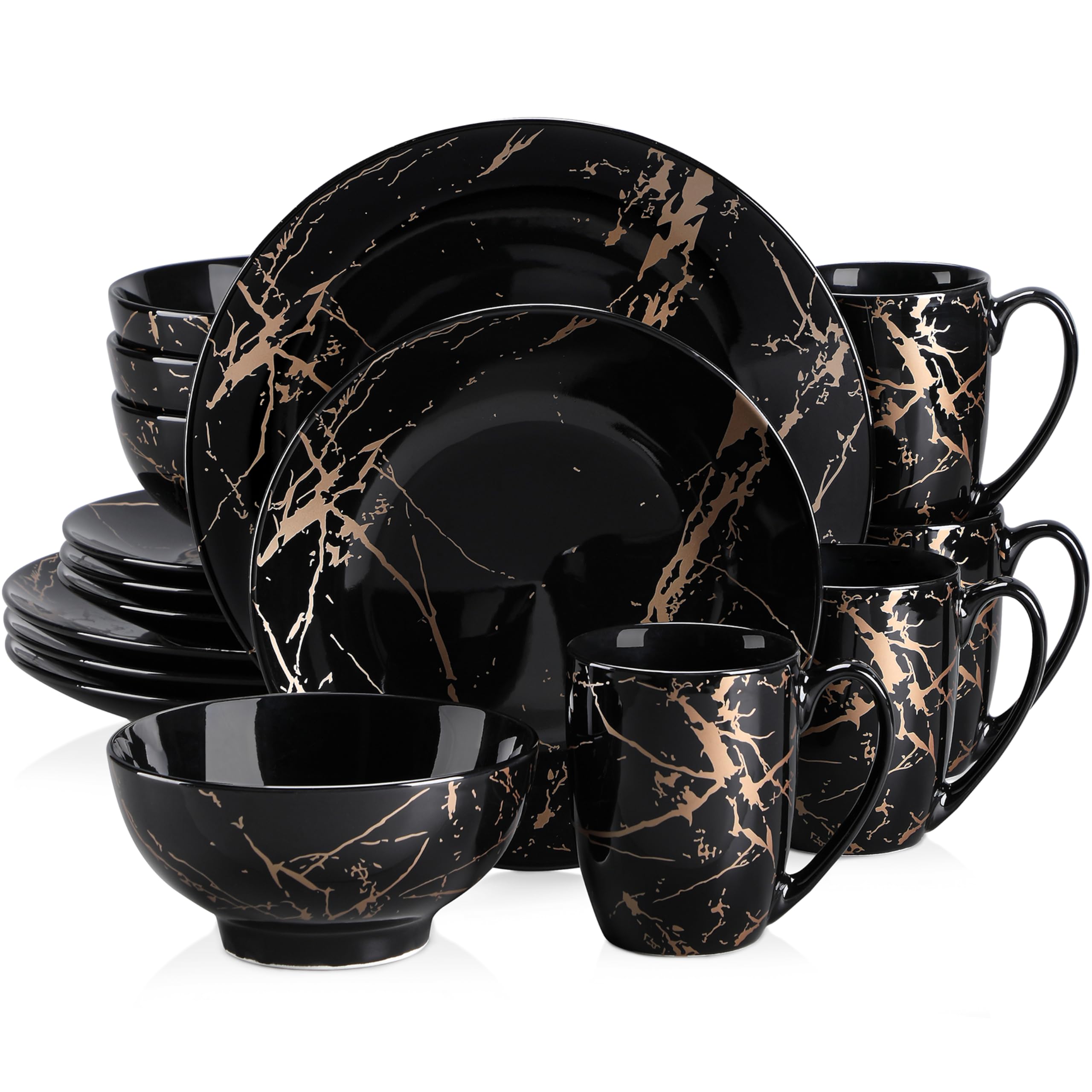 16-Piece Black and Gold Porcelain Dinnerware Set for 4 - Round Plates, Bowls & Mugs - Dishwasher & Microwave Safe - Elegant Table Setting for Family Dinners, Parties & Restaurant Use - by LOVECASA