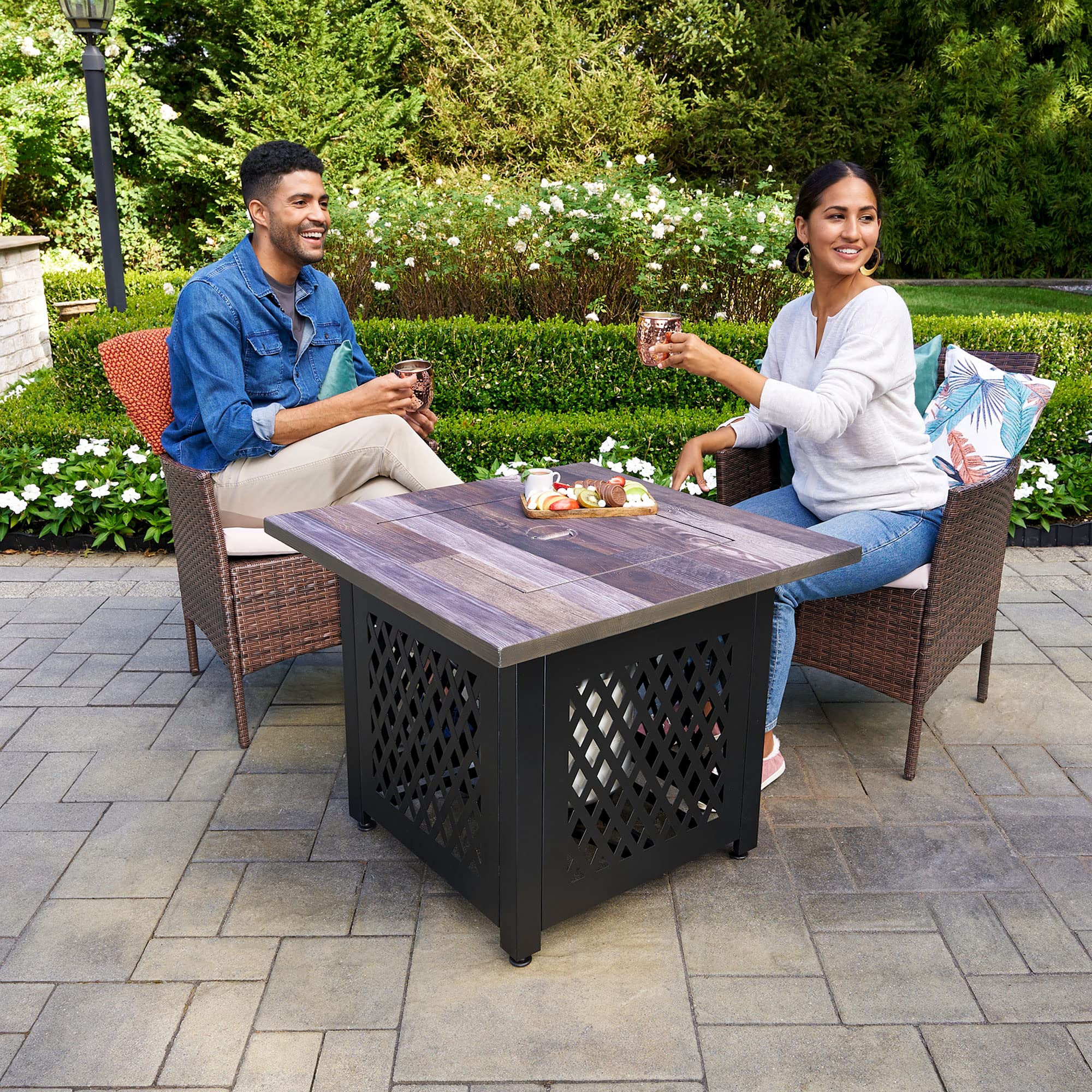 Endless Summer Nate 30 Inch Square Outdoor Fire Pit Table - 50,000 BTU LP Gas, UV Printed, Faux Wood Mantel & Stamped Steel Base - Multicolor - Perfect for Patio, Backyard, and Outdoor Gatherings