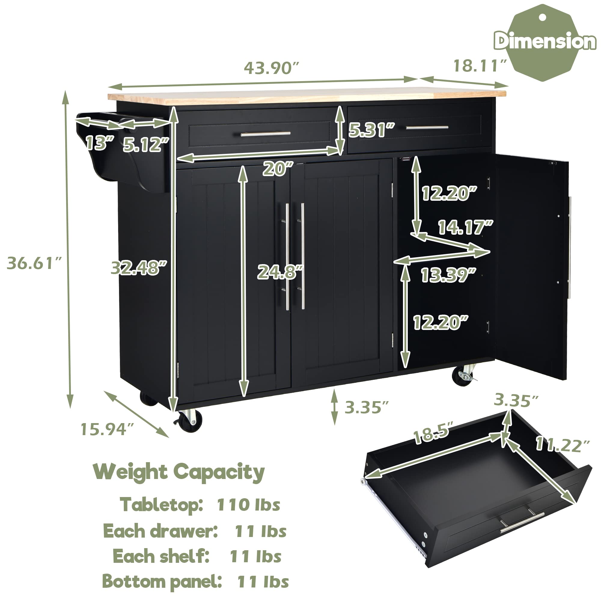 LOKO Large Kitchen Island with Storage - Portable Rolling Kitchen Cart with Rubber Wood Countertop, Adjustable Shelves & Universal Casters - 49 x 18.11 x 36.61 Inches - Perfect for Small Kitchens, Food Prep, and Extra Counter Space