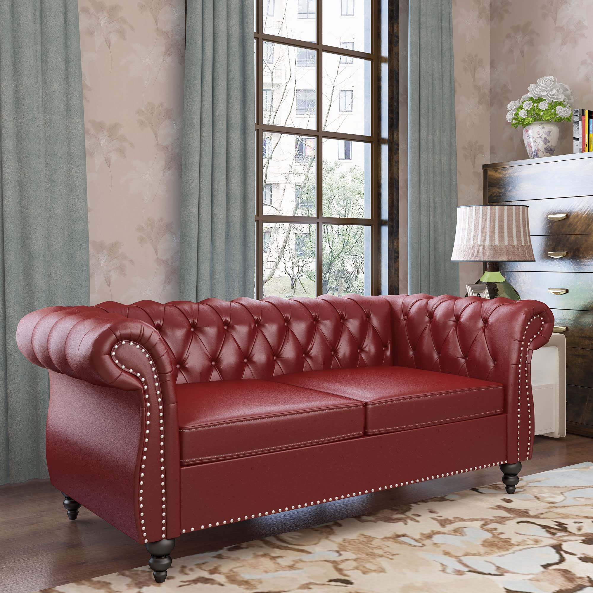 2-Piece Chesterfield Leather Living Room Set - Burgundy Sofa & Chair with Scroll Arms & Nailhead Trim for Home, Office & Lounge Spaces