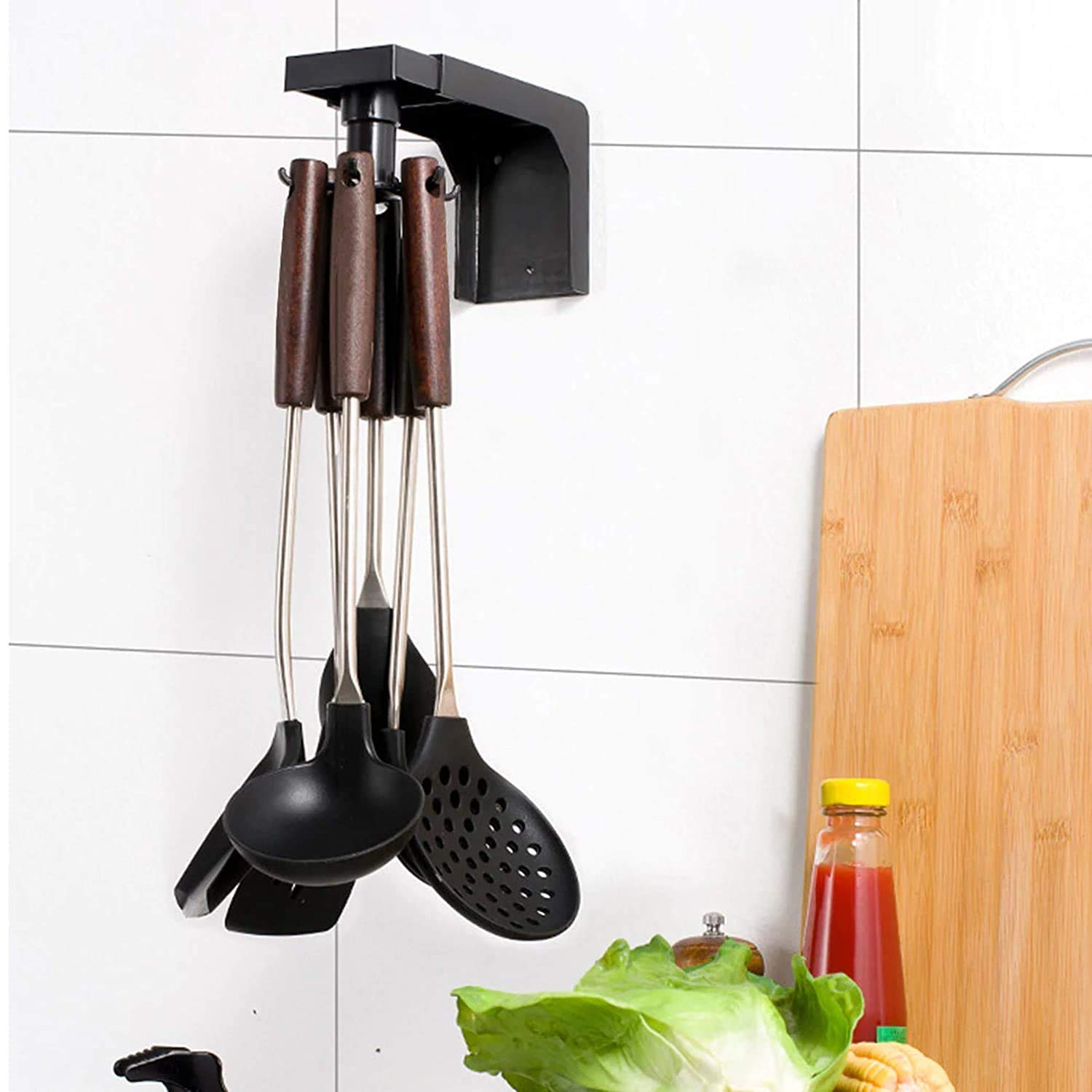 DEMOKRAZY Credence Utensil Drying Rack - 360° Rotating Dish Rack with 6 Hooks, Cutlery Holder & Hanger Hook, Black - Perfect for Kitchen Countertop, Dish Drainer & Utensil Organizer