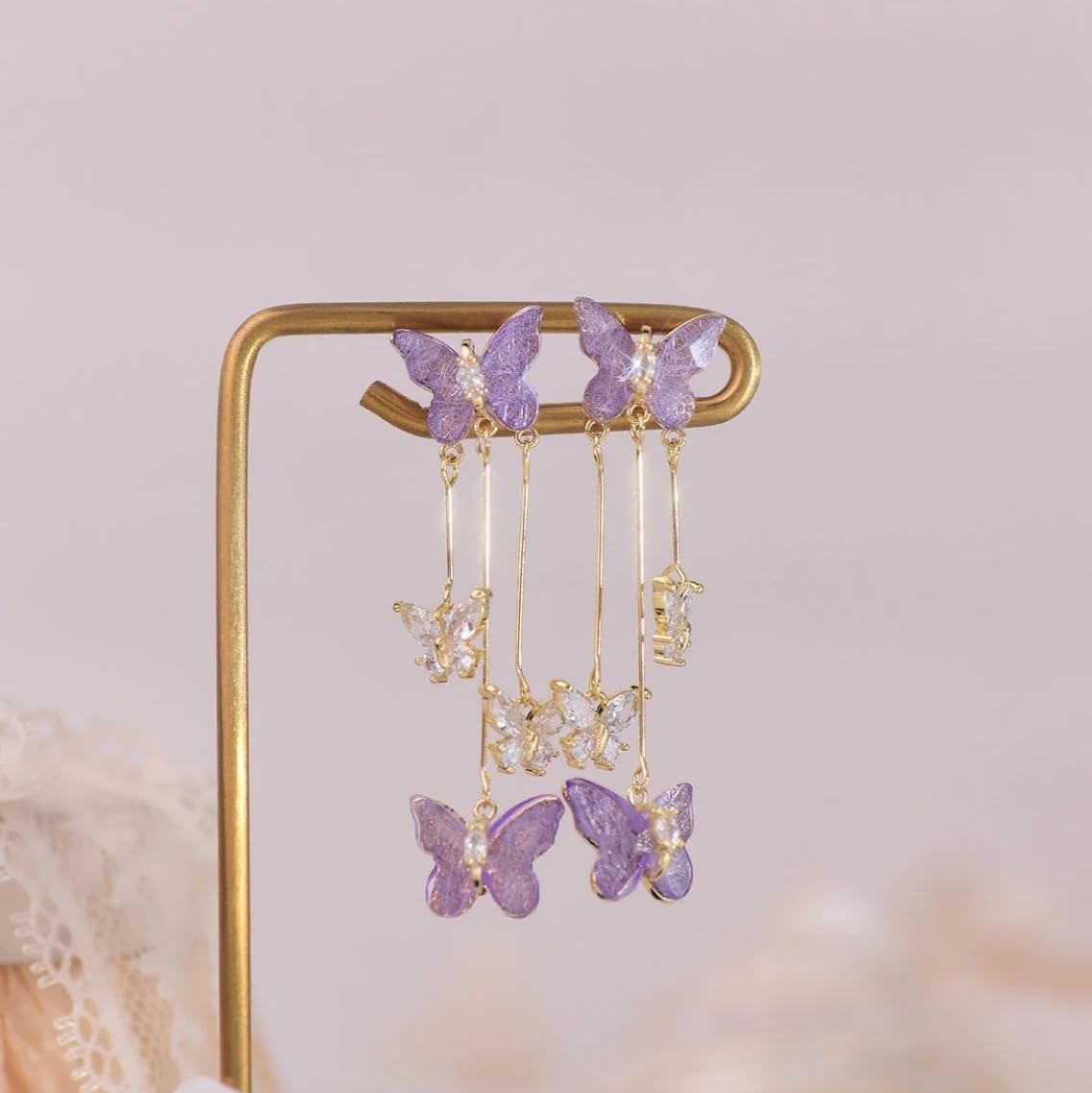Elegant Purple Crystal Butterfly Dangle Earrings for Women - Trendy Tassel Jewelry Gift for Concerts, Parties & Evening Dresses
