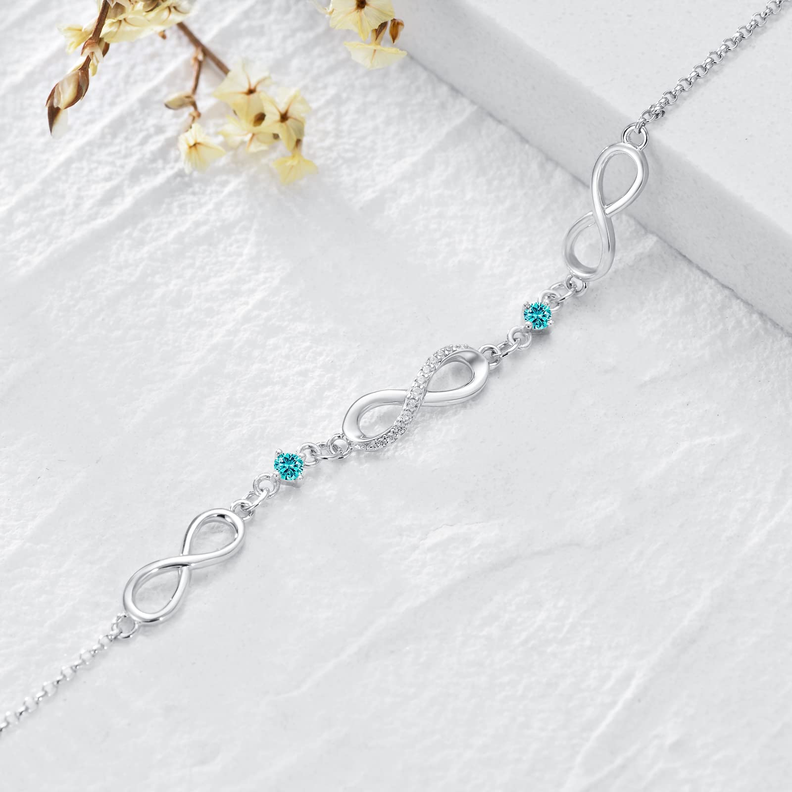 Infinity Bracelet for Women - 925 Sterling Silver Adjustable Birthstone Charm Link Bracelet - Christmas, Birthday Gifts for Wife, Mom, Her - Perfect for Holidays, Anniversaries & Special Occasions
