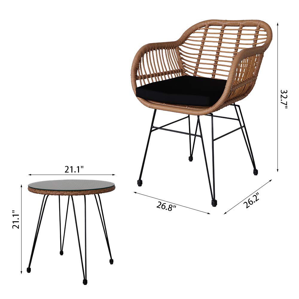 3-Piece Wicker Rattan Patio Conversation Set with Tempered Glass Table - Outdoor Garden Furniture for Backyard, Poolside & Balcony Relaxation