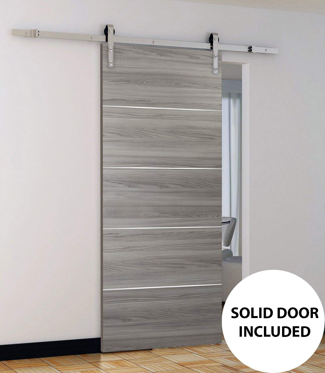 Modern Grey Barn Sliding Door 18x84 Inch with Stainless Steel Hardware - Solid Core Flush Panel Closet Door - Planum 0020 Ginger Ash Finish - 6.6FT Silver Rail Hanger Set | Perfect for Bedroom Closets, Laundry Rooms & Contemporary Home Interiors