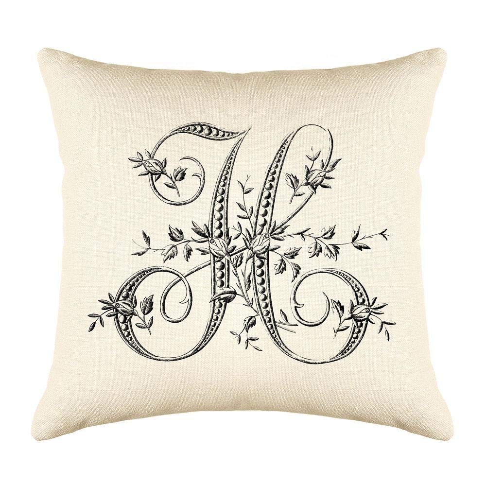 Vintage French Monogram Letter H Woven Cotton Blend Throw Pillow Cover 16x16 - Linen Cream Cushion Case for Sofa, Couch, Bed - Home Decor, Living Room, Bedroom Accent