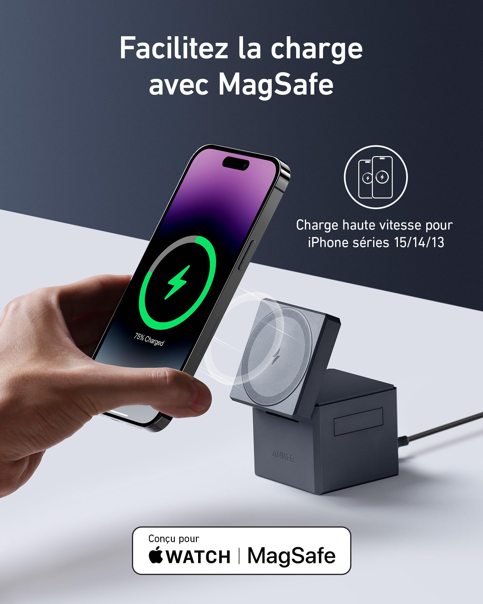 Anker 3-in-1 Magnetic Wireless Charging Station with MagSafe - 15W Fast Charger for iPhone 14/13/12, Apple Watch Series 1-7/SE & AirPods Pro/3/2 - Includes 30W Adapter | Perfect for Home, Office & Travel Charging Needs