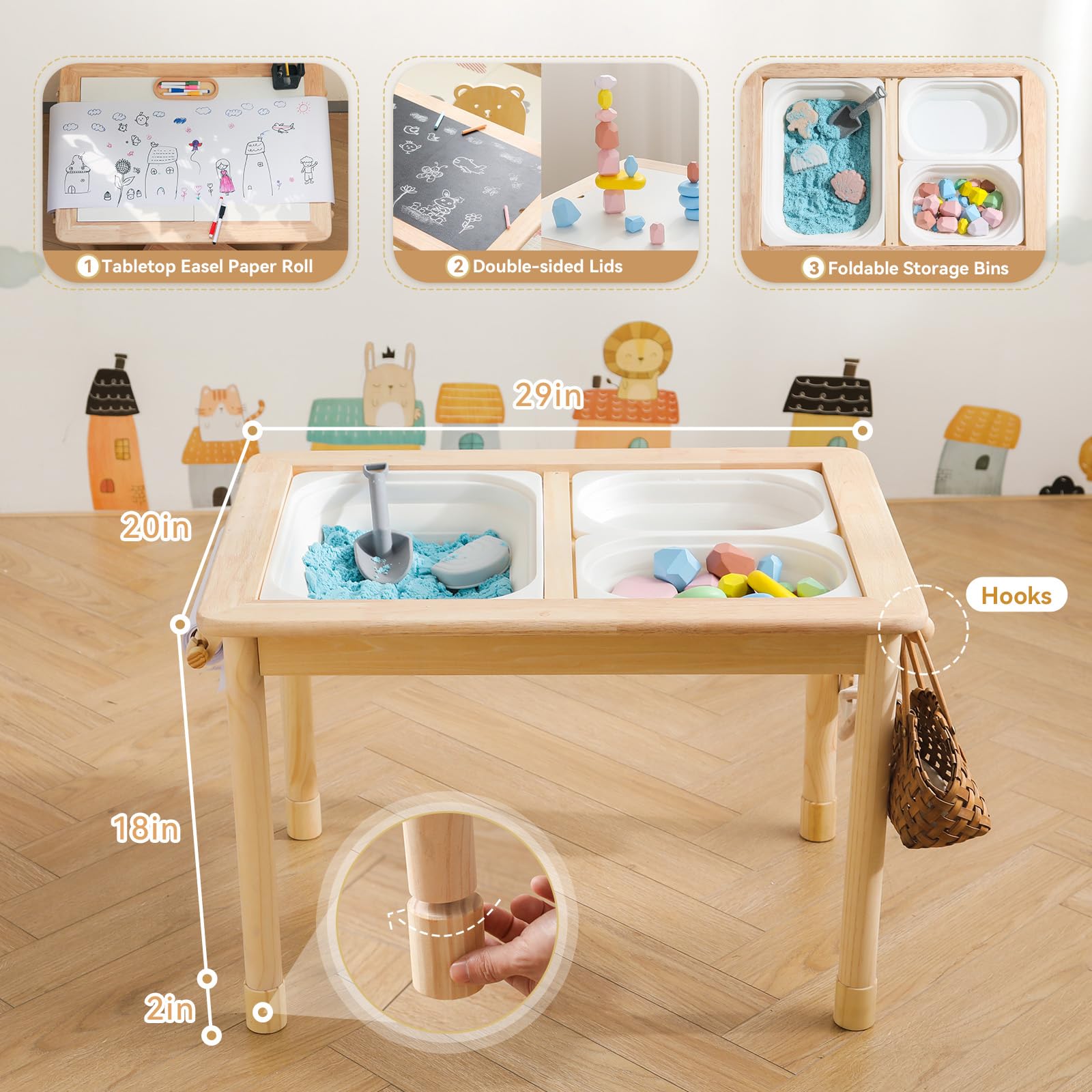 IEATFO Rubber Wood Montessori Sensory Table for Kids - Foldable Storage Bins, Adjustable Height, Reinforced Frame - Multifunctional Activity Table for Sensory Play & Learning - Perfect for Preschool, Daycare & Home Playroom