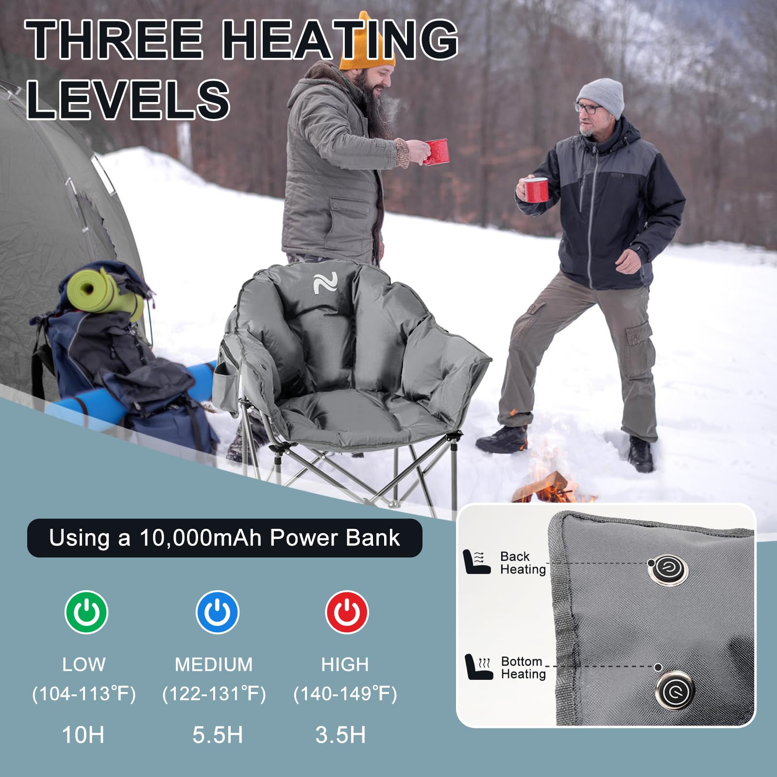 MOPHOTO Heated Camping Chair - Portable Outdoor Folding Chair with Padded Seat & Heating Function for Adults - Perfect for Camping, Hunting, Fishing, Backyard, Patio, and Beach Relaxation