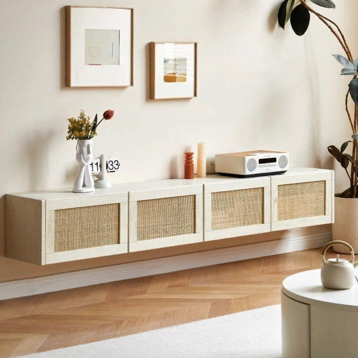 Solid Oak Wood Rattan TV Stand with LED Lights - Modern Cream Style Entertainment Center for Living Room, Bedroom & Home Theater