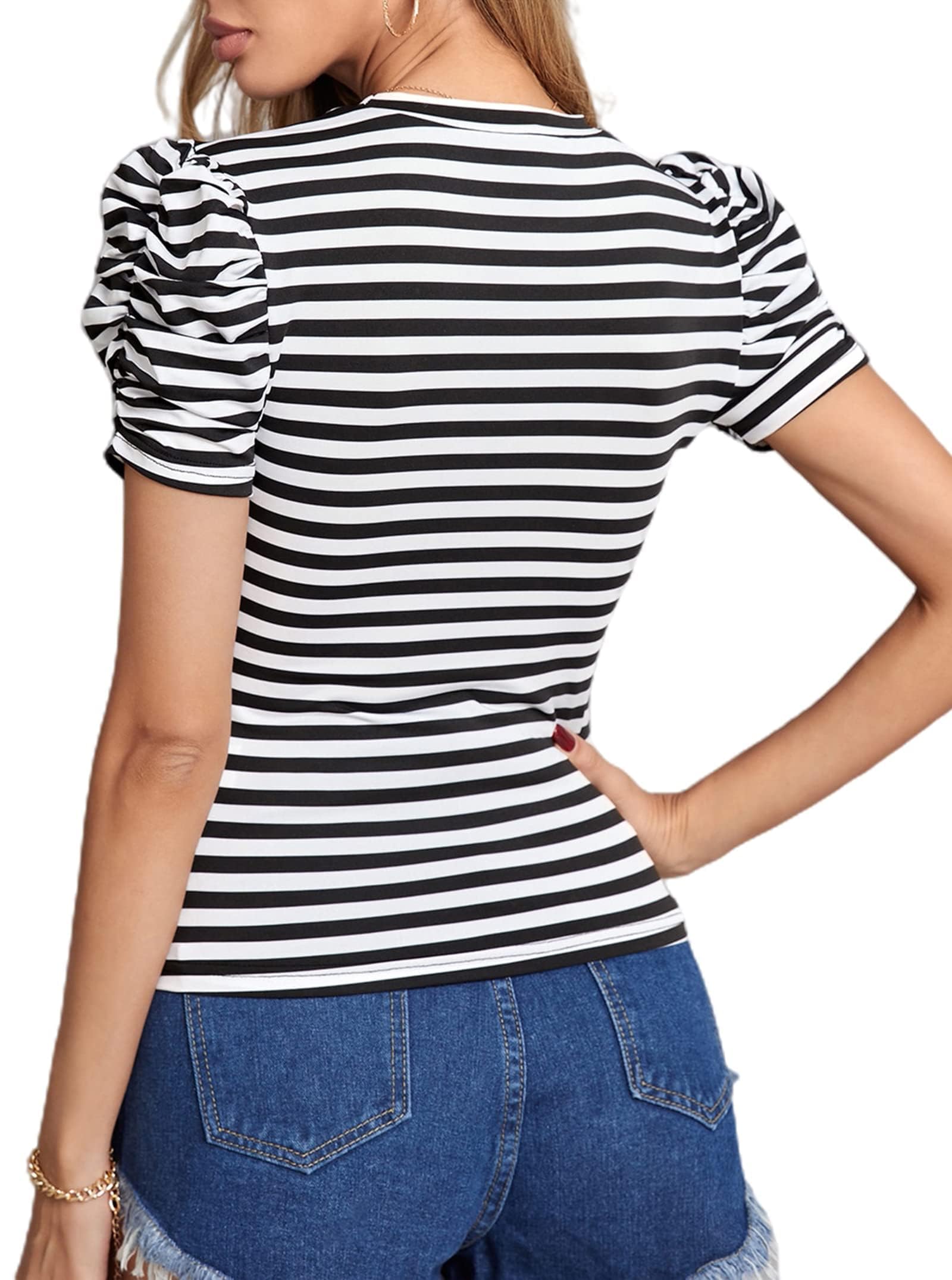 LilyCoco Women's Striped Puff Sleeve T-Shirt - Breton Crewneck Loose Fit Casual Tee for Everyday Wear, Weekend Outings & Summer Fashion