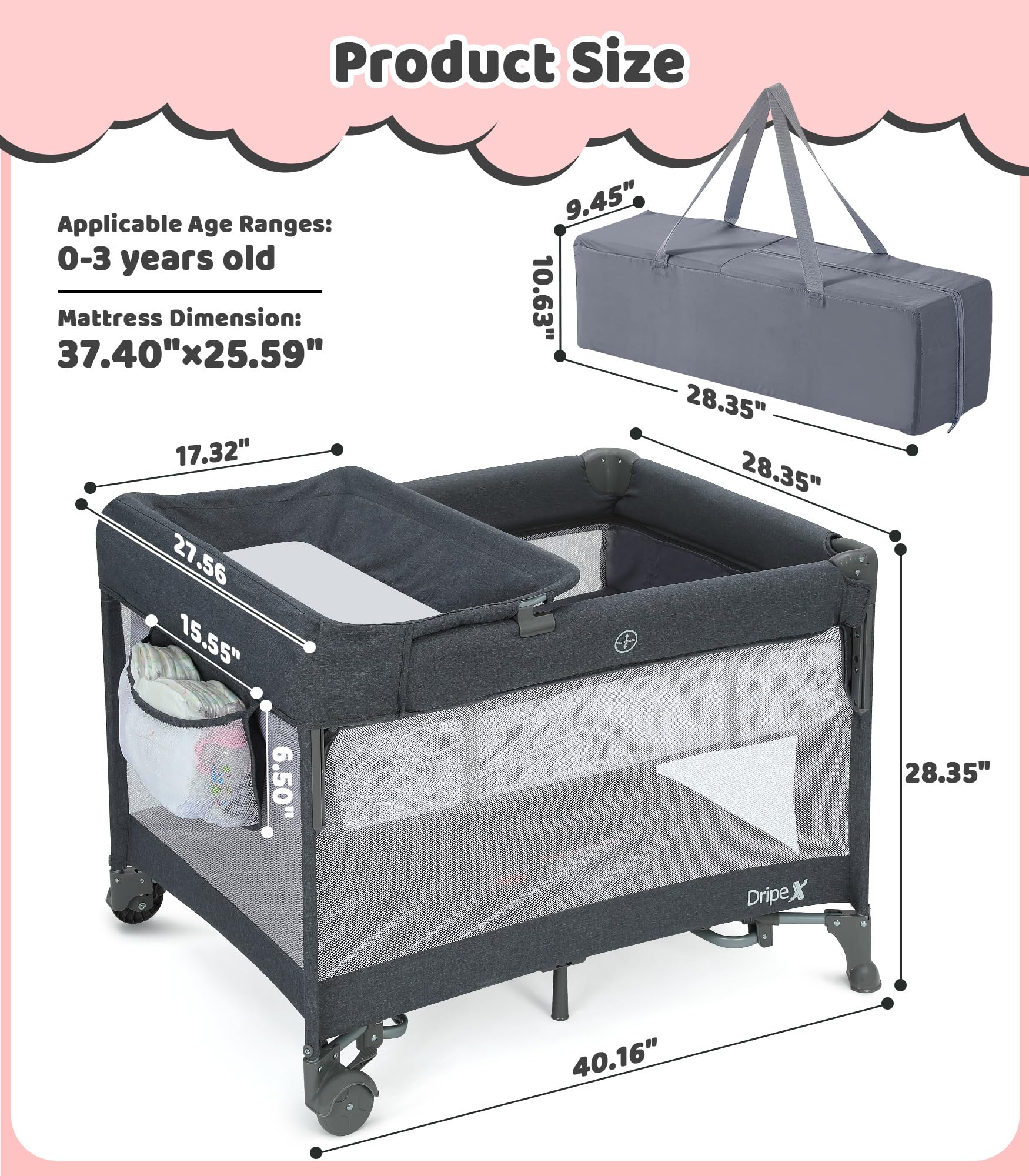 Dripex 5-in-1 Baby Bassinet & Bedside Sleeper with Diaper Changer, Rocking Function, Foldable Playard - Adjustable Height Portable Crib for Newborns to Toddlers (Dark Grey) | Perfect for Nursery, Bedroom Co-Sleeping & Travel