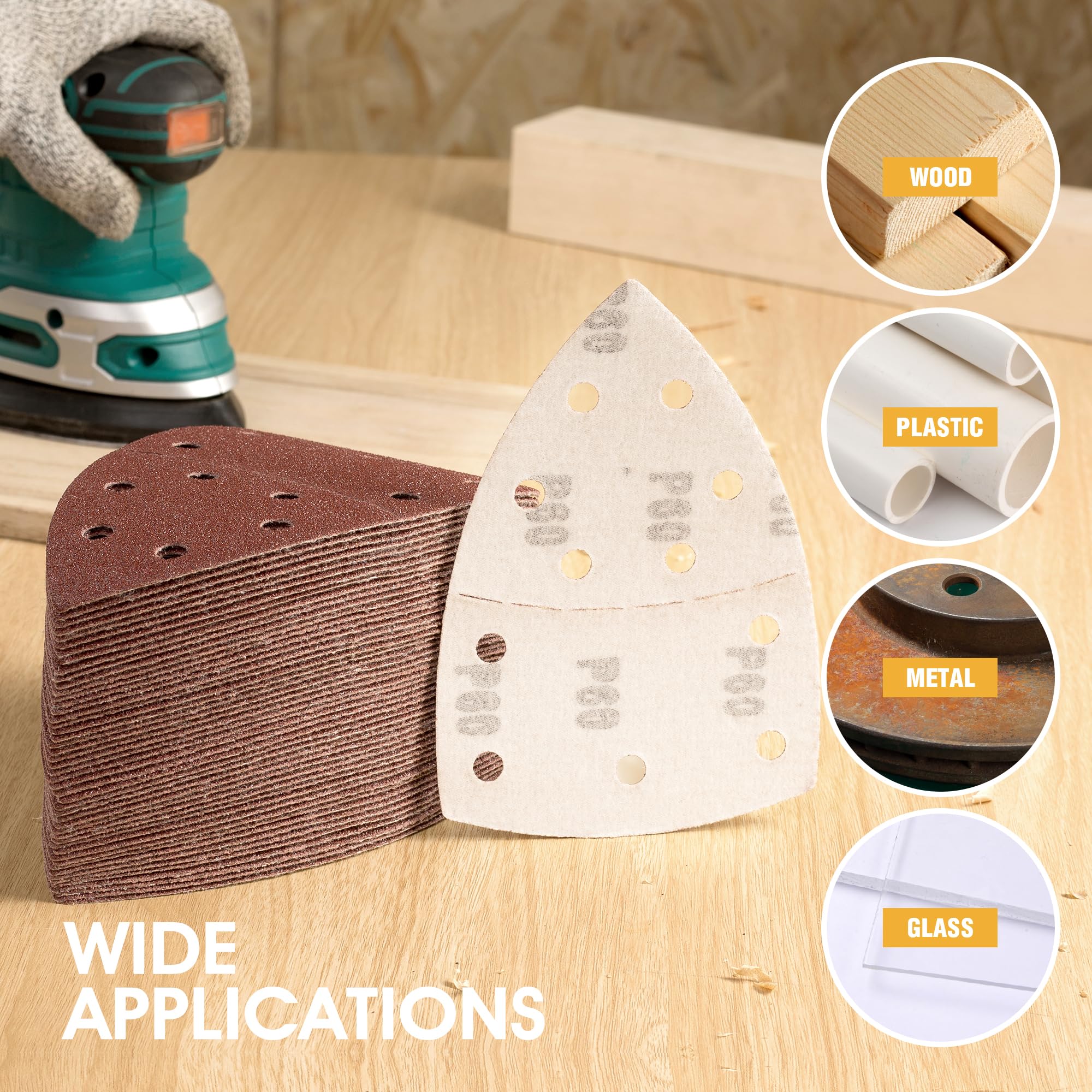 50-Pack 120 Grit Hook & Loop Sanding Pads for Mouse Sander - 11 Hole Triangular Sandpaper Sheets - Perfect for Woodworking, DIY Projects, and Detail Sanding