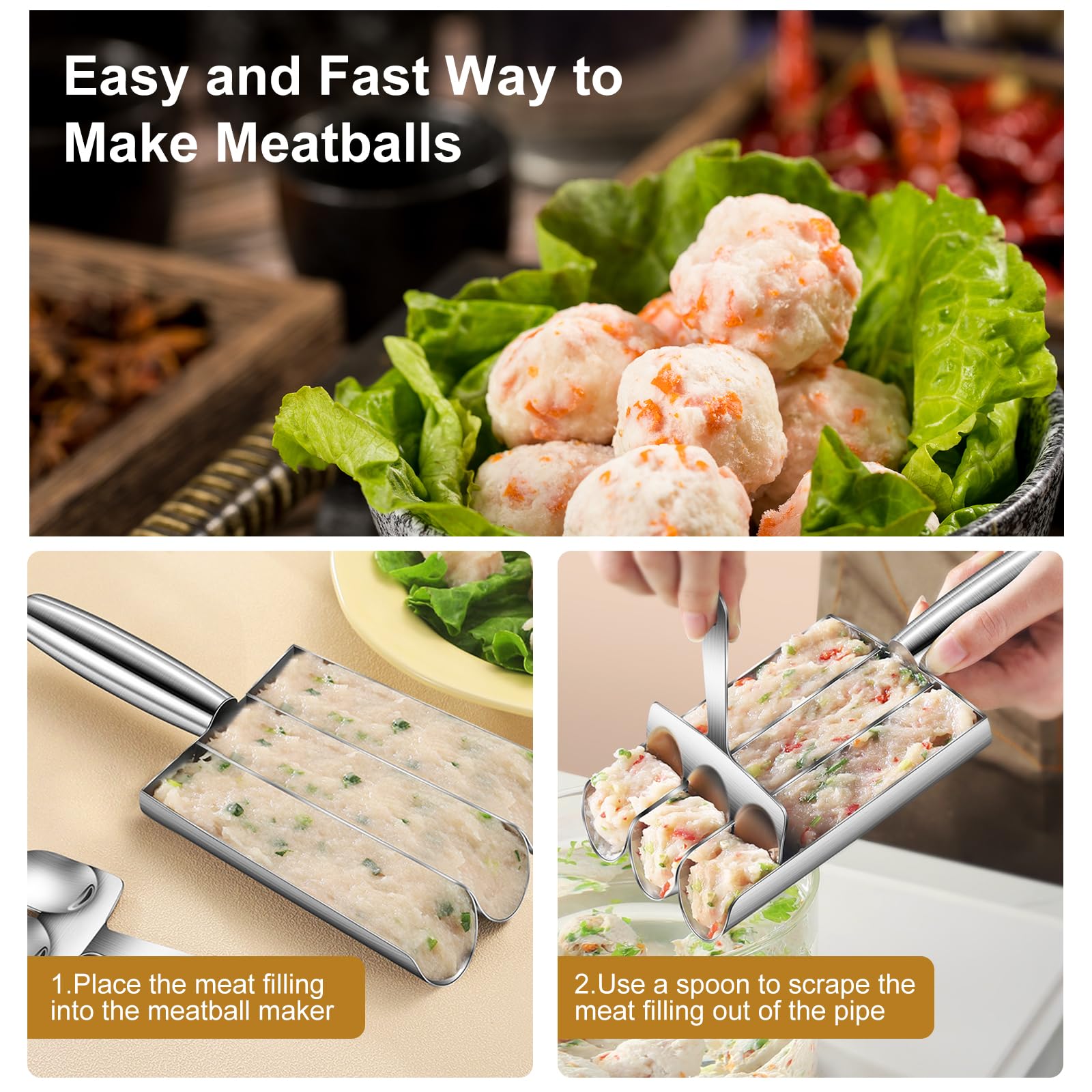 Stainless Steel Meatball Maker Tool - Triple Scoop Ball Mold with Cutting Edge for Easy Homemade Meatballs | Perfect for Meatball Lovers, Kitchen Enthusiasts & Italian Cooking | Ideal for Meal Prep, Party Snacks & Family Dinners