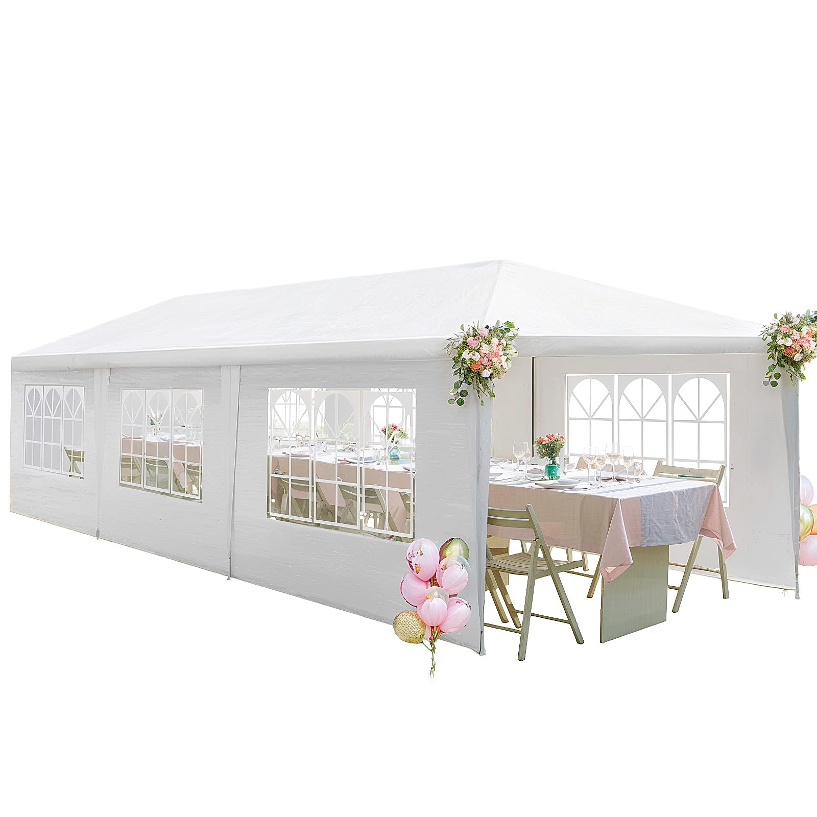 10'x30' Heavy Duty Outdoor Party Tent with 8 Removable Sidewalls & 2 Zippered Windows - Waterproof Canopy for Weddings, Backyard Events, Festivals, and Camping - White Commercial Shelter for Outdoor Gatherings