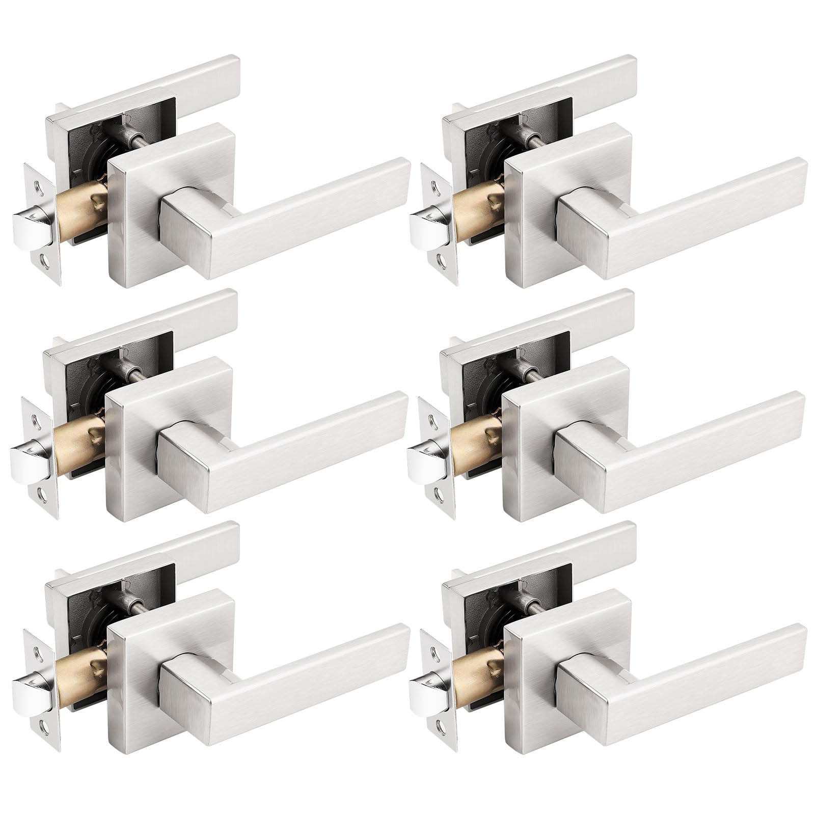 Gobrico 6-Pack Satin Nickel Interior Door Handles - Hall & Closet Lever Locks with Square Plates for Bedroom, Bathroom & Office Doors