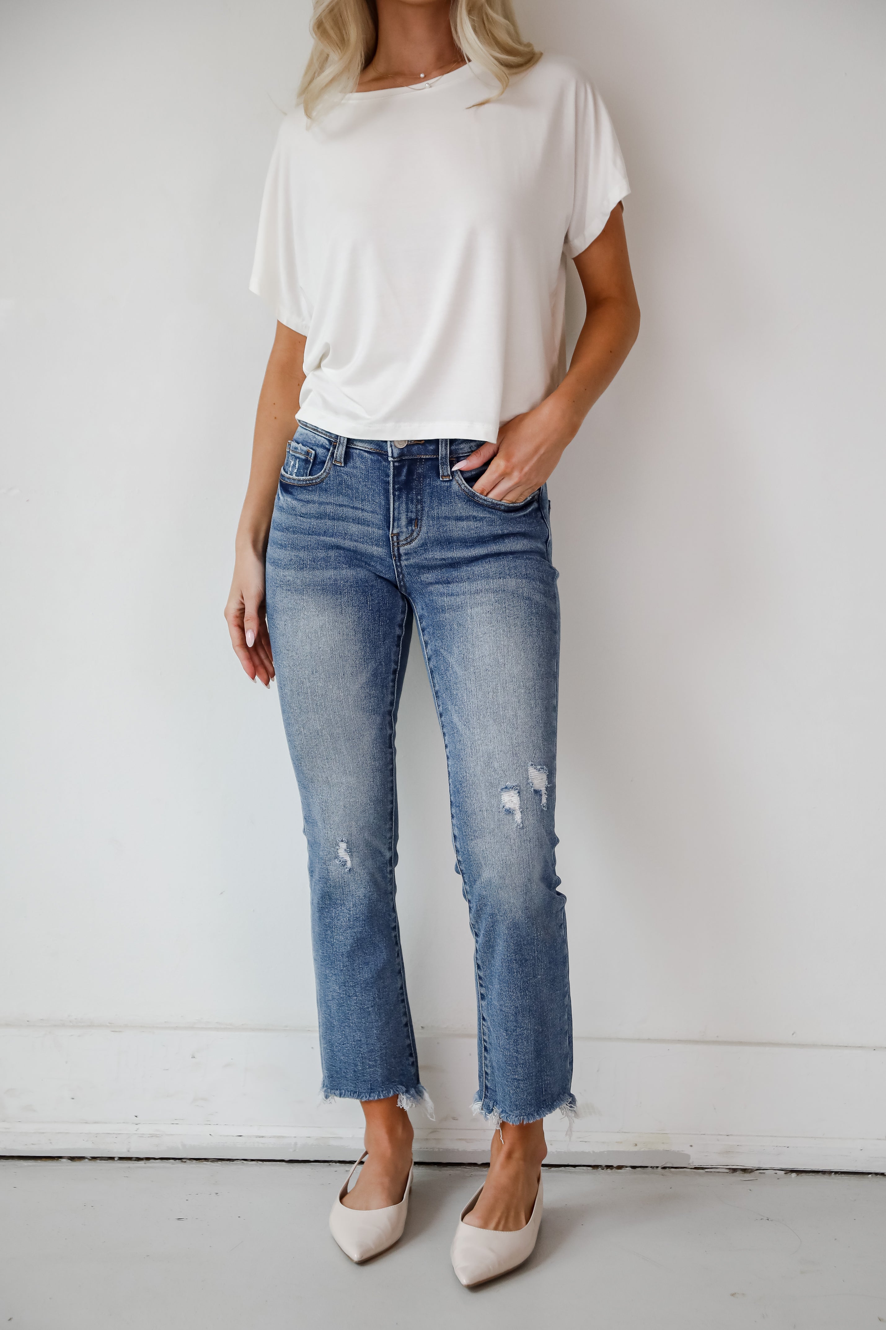 Amber Medium Wash Mid Rise Ankle Bootcut Jeans for Women - Comfortable Stretch Denim Pants for Casual Wear & Everyday Outfits