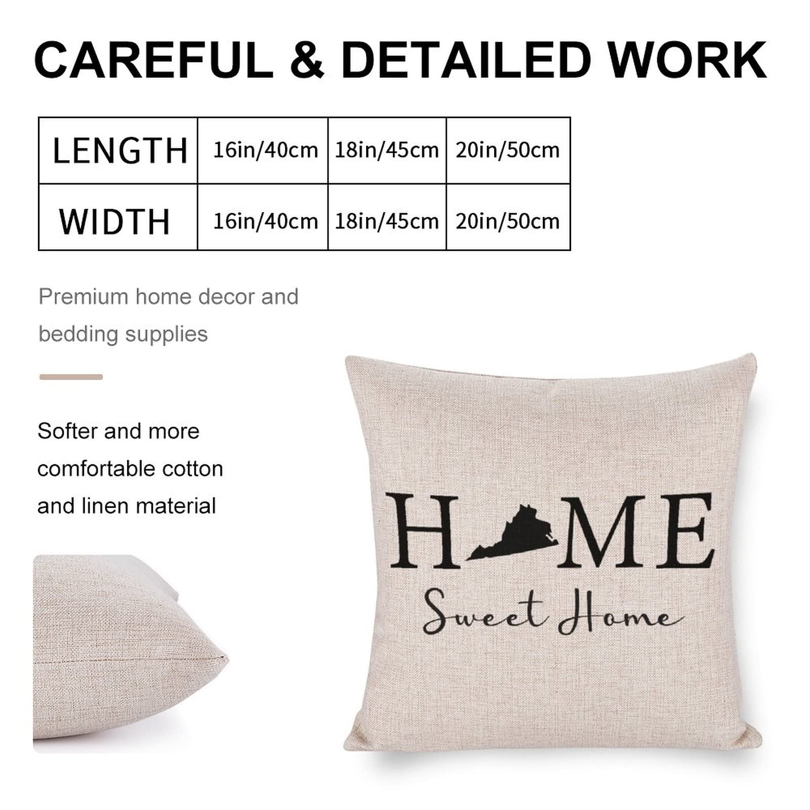 Virginia State Map Home Sweet Home 16x16 Inch Farmhouse Throw Pillow Cover - Decorative Cushion Case for Living Room, Bedroom, Couch & Sofa Decor | Perfect for Country Style Homes, Rustic Cabin Decor & Housewarming Gifts