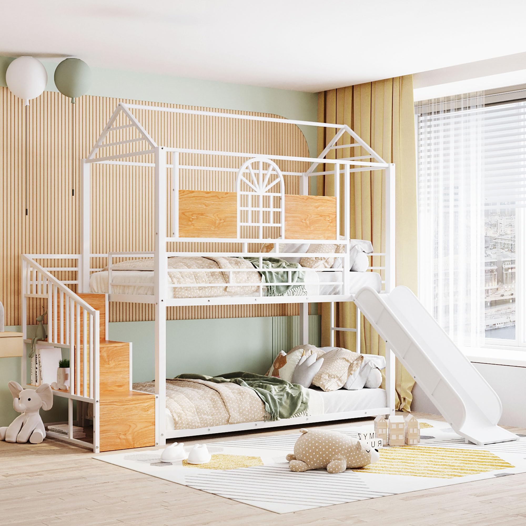 Twin Over Twin Low Bunk Bed with Slide & Stairs - Sturdy Metal Frame Kids Bunk Bed with Storage Shelves for Boys, Girls & Teens - Perfect for Small Bedrooms, Shared Kids Rooms & Sleepovers - White