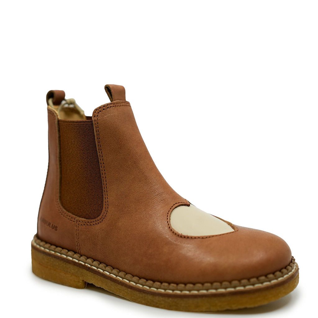 Angulus Tan Heart Boots for Girls - Genuine Leather Mary Jane Shoes with Heart Detail - Perfect for School, Parties & Special Occasions