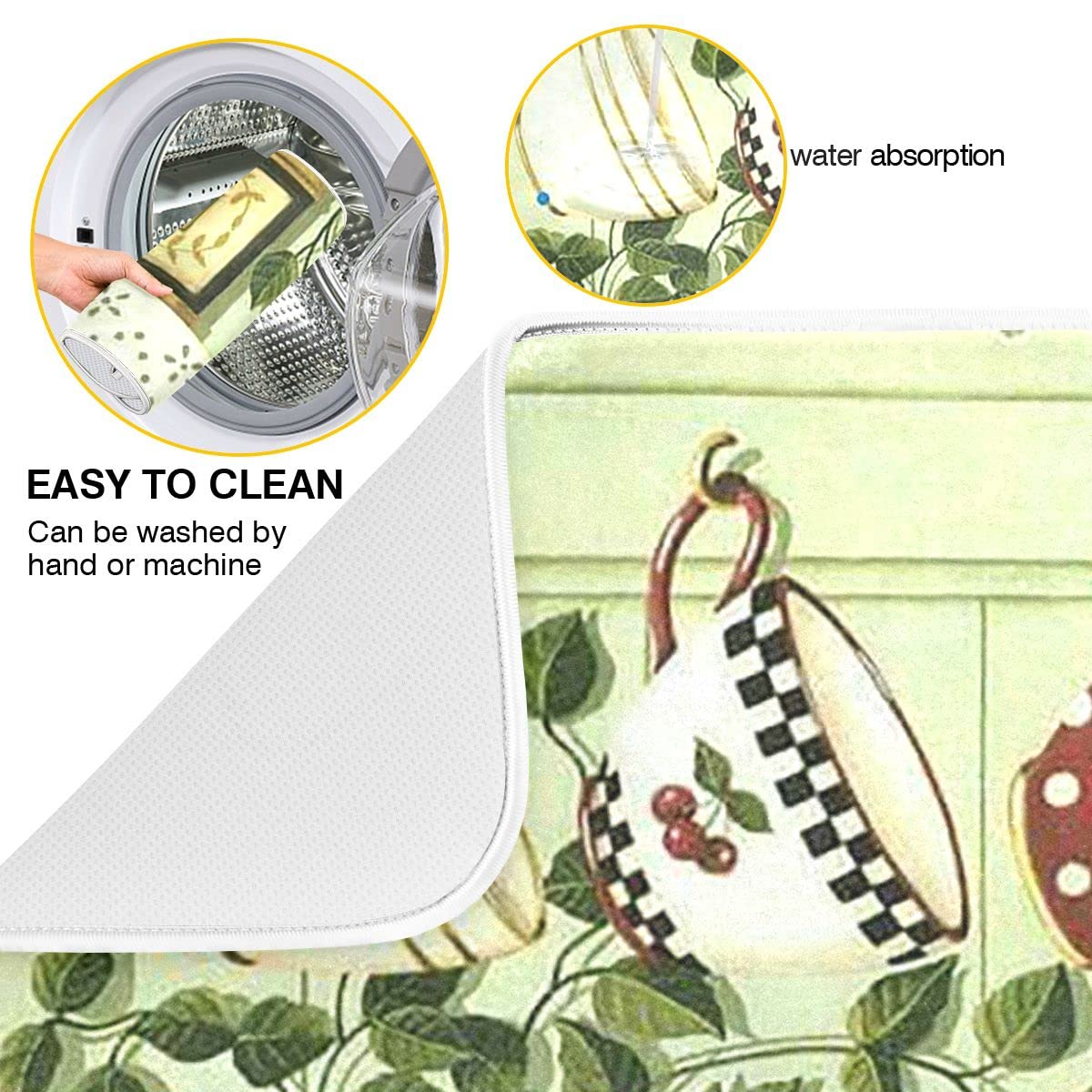 Lemon Cherry Leaf Microfiber Dish Drying Mat - 16x18 Inch Absorbent Reversible Kitchen Tea Cup Pot Drain Pad | Perfect for Countertop Protection & Dish Rack Organization