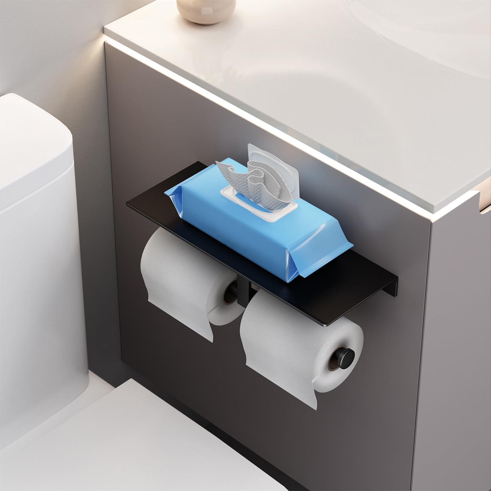 Danpoo Matte Black Toilet Paper Holder with Shelf - Wall Mounted Bathroom Organizer for Double Rolls | Space-Saving Bathroom Storage Solution for Small Spaces & Modern Homes