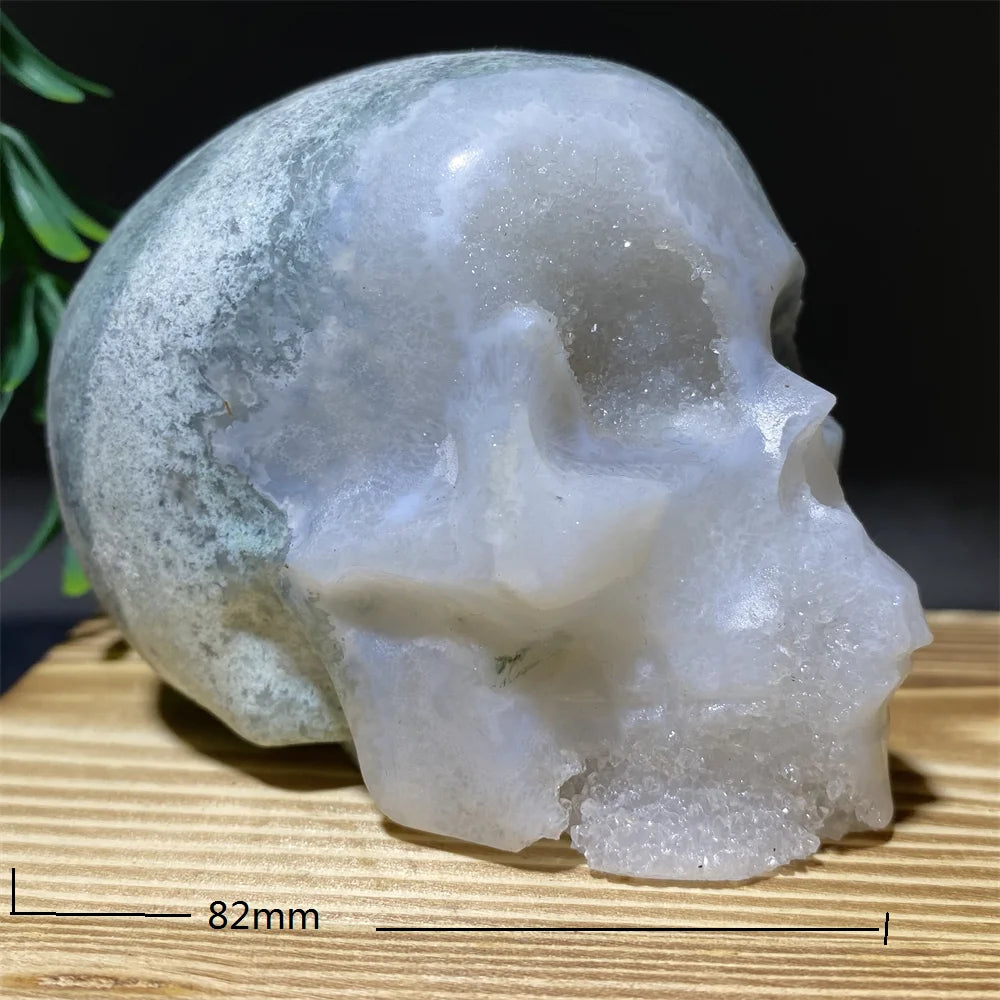 Natural Green Moss Agate Carved Skull Druzy Crystal - Healing Stone Geode for Witchcraft & Home Decor | Meditation, Altar Display & Spiritual Healing Gift