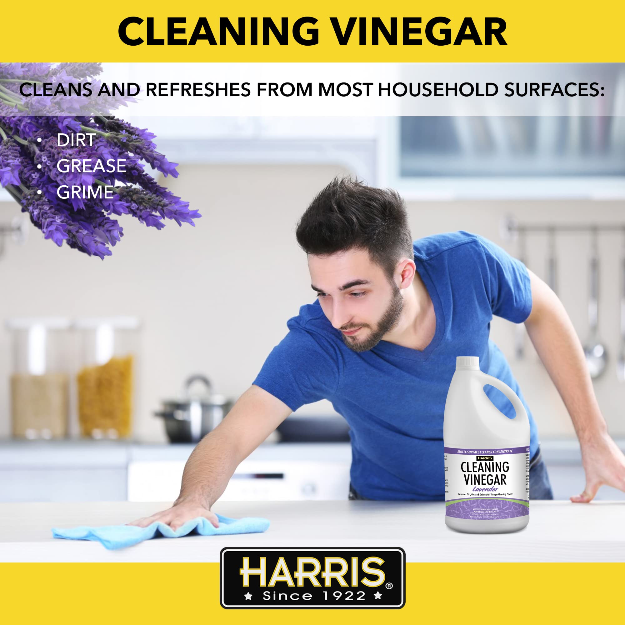 Harris All-Purpose Cleaning Vinegar - 1 Gallon (128oz) Natural Household Surface Cleaner with Easy Fill Funnel - Lavender Scent for Kitchen, Bathroom & Floors