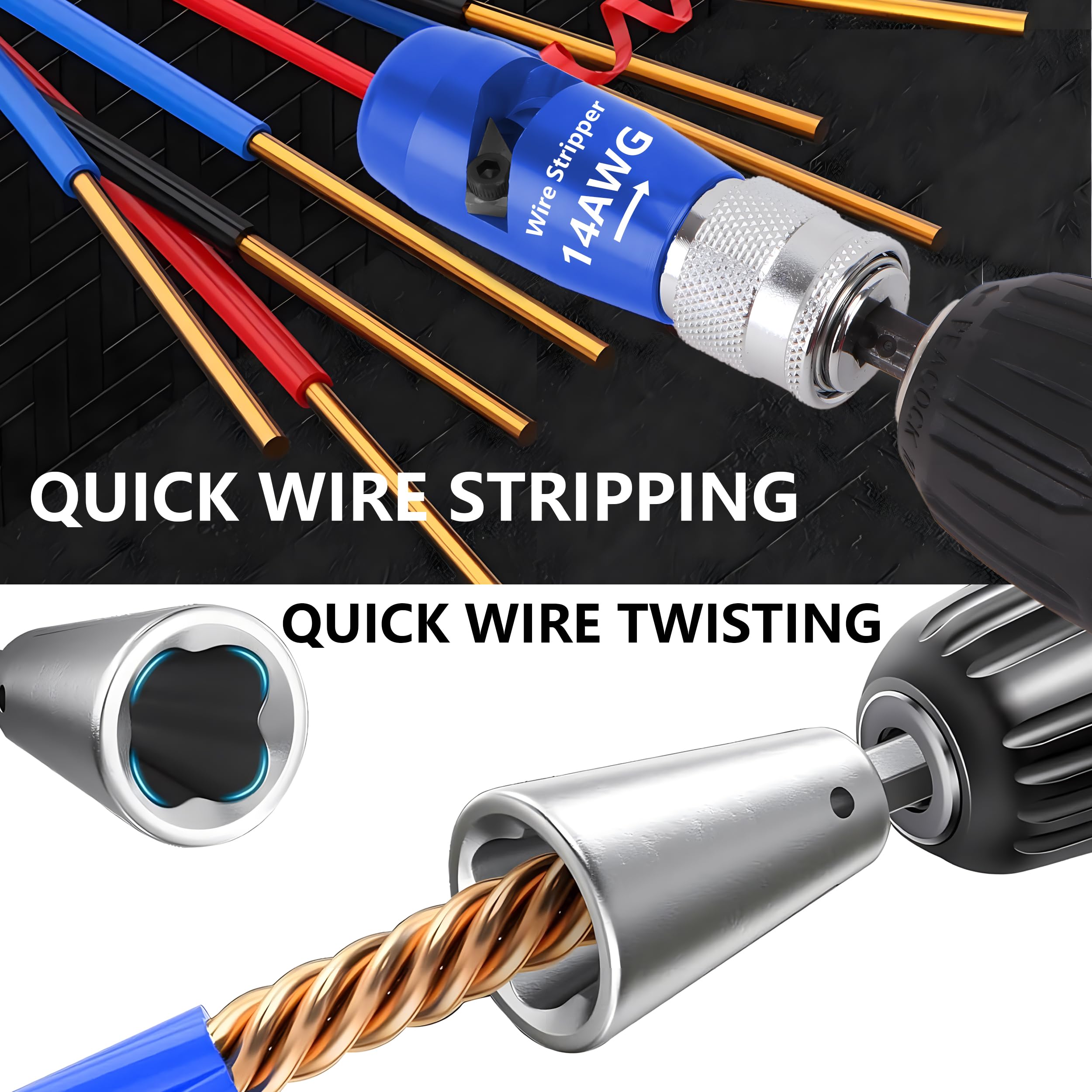 Professional Wire Stripper and Twister for Drill - AWG 6/8/10/14 Cable Stripping & Twisting Tool - Electrician Tool Set with Electrical Wire Connector - Perfect for DIY Home Wiring, Automotive Repairs, and Electrical Projects