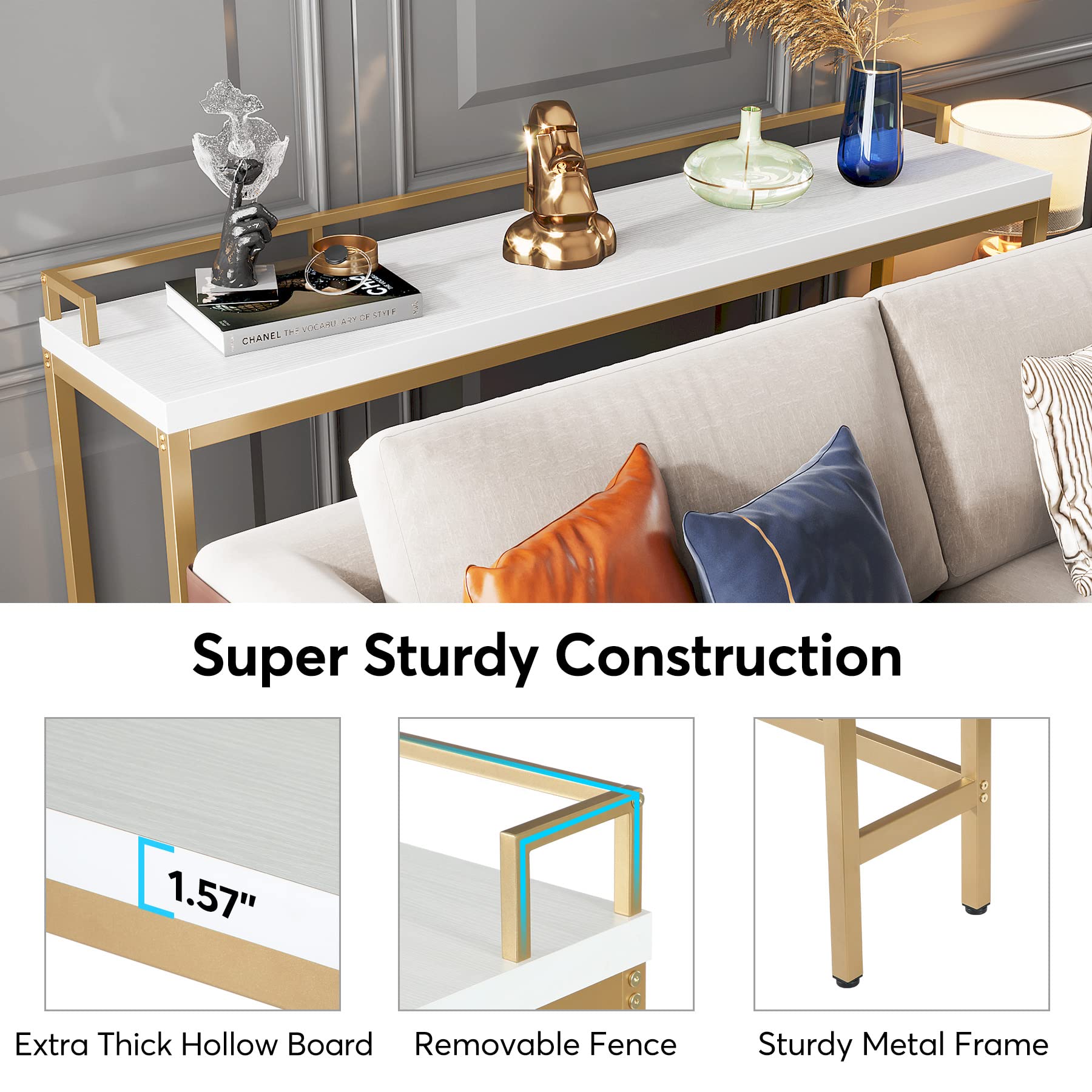 Tribesigns 70.9 Inch Extra Long Sofa Table - Narrow Console Table Behind Couch, Modern Entryway & Hallway Table for Living Room, Bedroom, or Office (White + Gold) - Perfect for Small Spaces & Home Decor