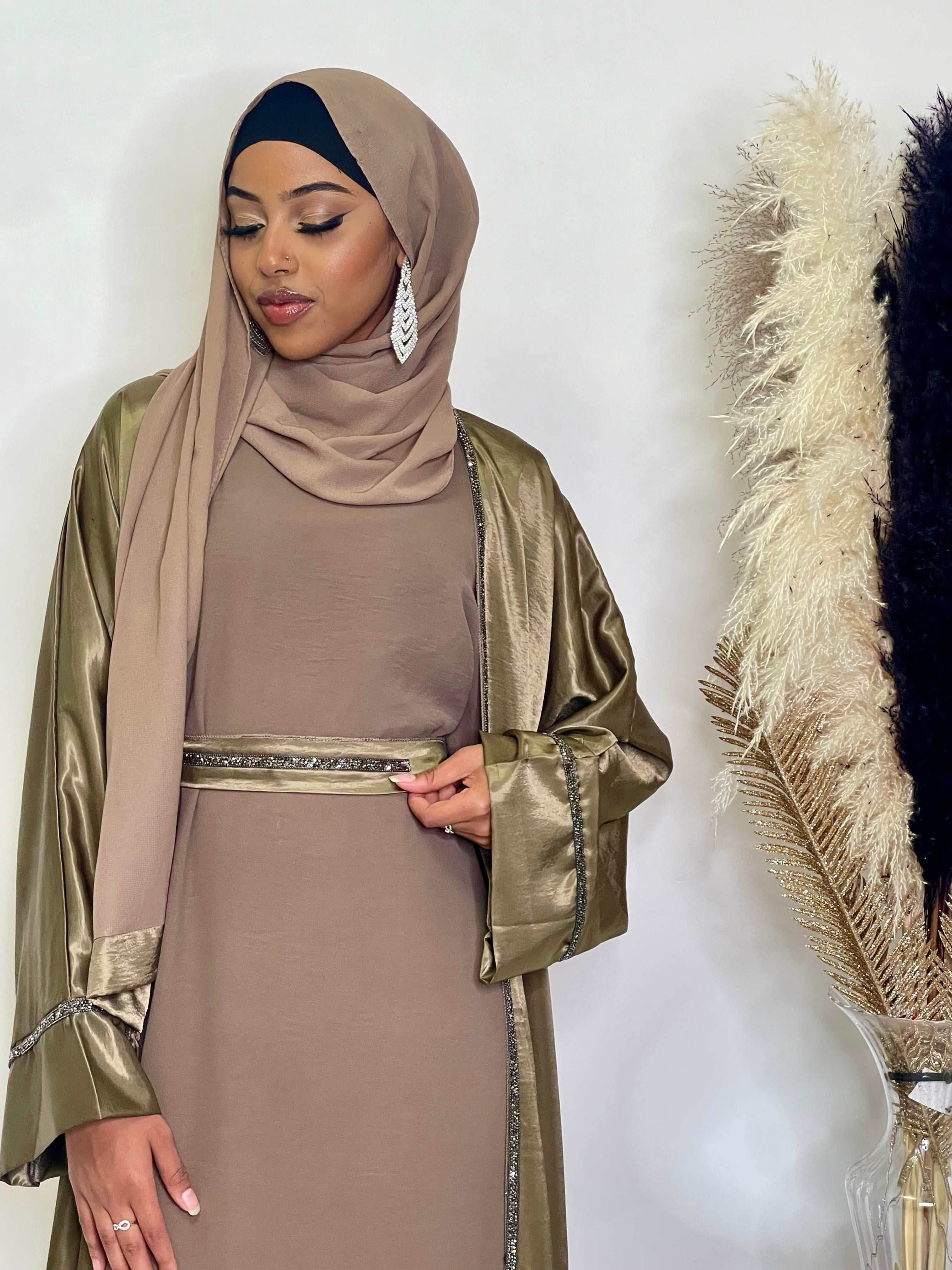 Exquisite Olive Diamond Abaya Set - Elegant Islamic Modest Dress for Women | Perfect for Eid, Weddings & Special Occasions