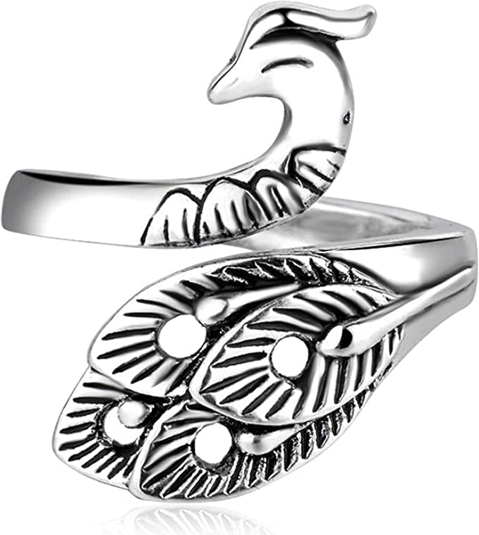 SESAMECAVE 925 Sterling Silver Peacock Ring - Adjustable Open Feather Ring for Women | Phoenix Jewelry, Crochet Hook Yarn Ring, Loop Knitting Ring | Valentine's Gift, Spirit Animal Jewelry (Peacock) - Perfect for Boho Fashion, Handmade Crafting & Special Occasions
