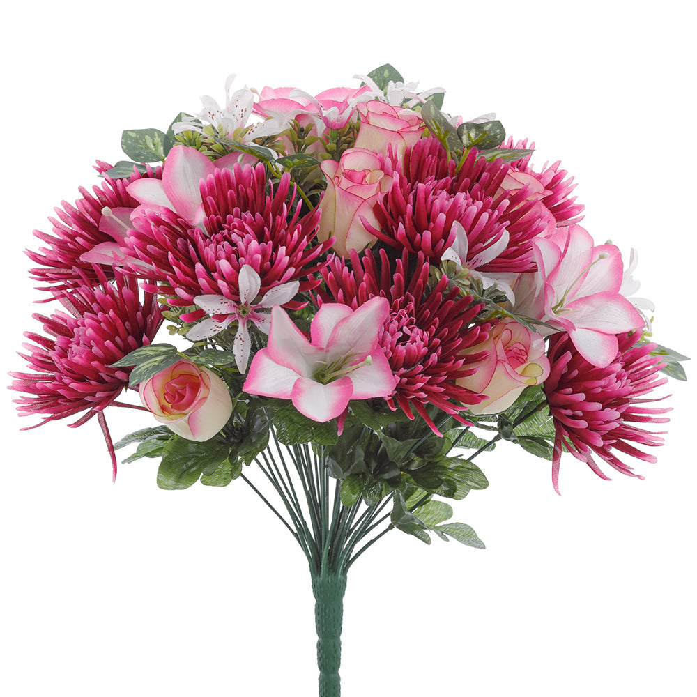 16-Pack Mixed Silk Flower Bush - Realistic Mum, Amaryllis & Rose in Boysenberry/Cream for Home Decor, Wedding Centerpieces & DIY Floral Arrangements