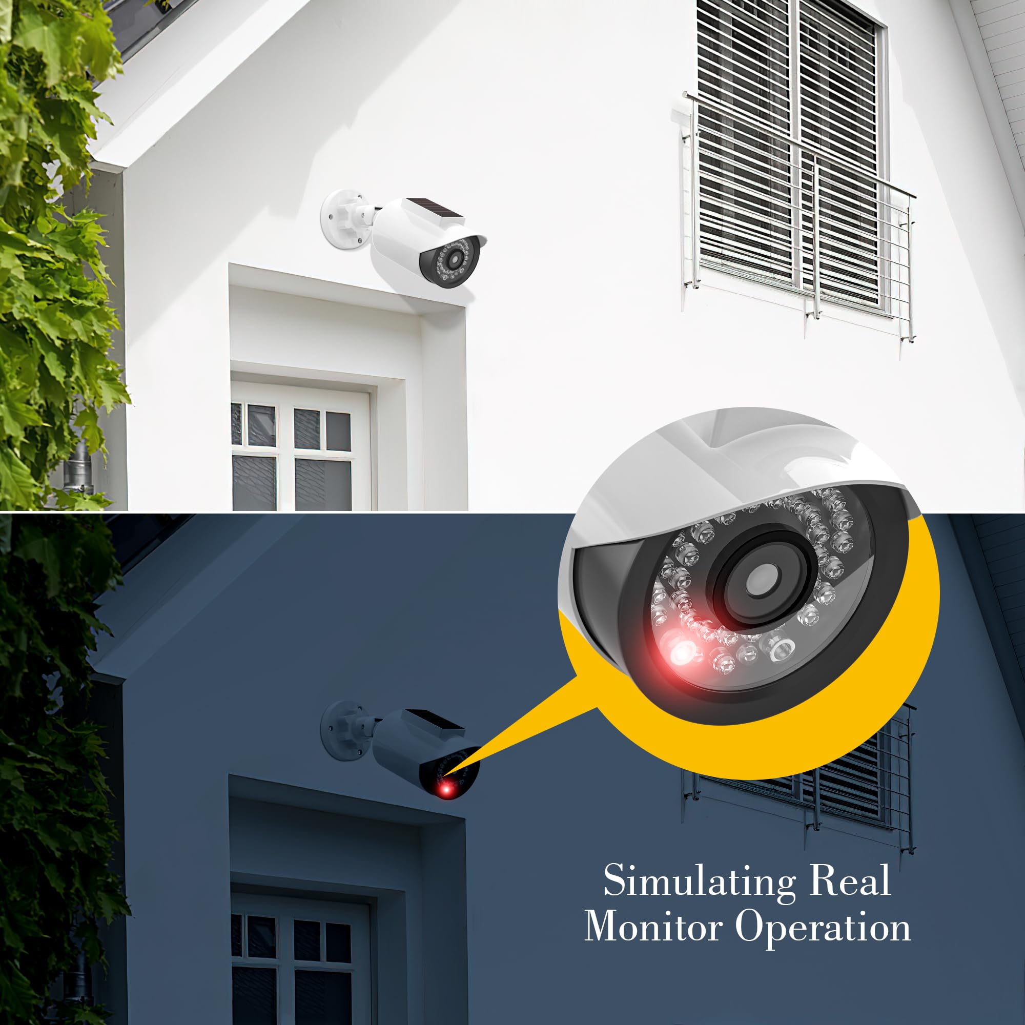 BNT Solar Powered Fake Security Camera - Bullet Style Dummy Surveillance Camera with Red LED Light for Night, Includes Warning Stickers - Outdoor Home & Business Security Deterrent (2-Pack, White, Battery Not Included) - Perfect for Garage, Yard, Warehouse & Storefront Protection