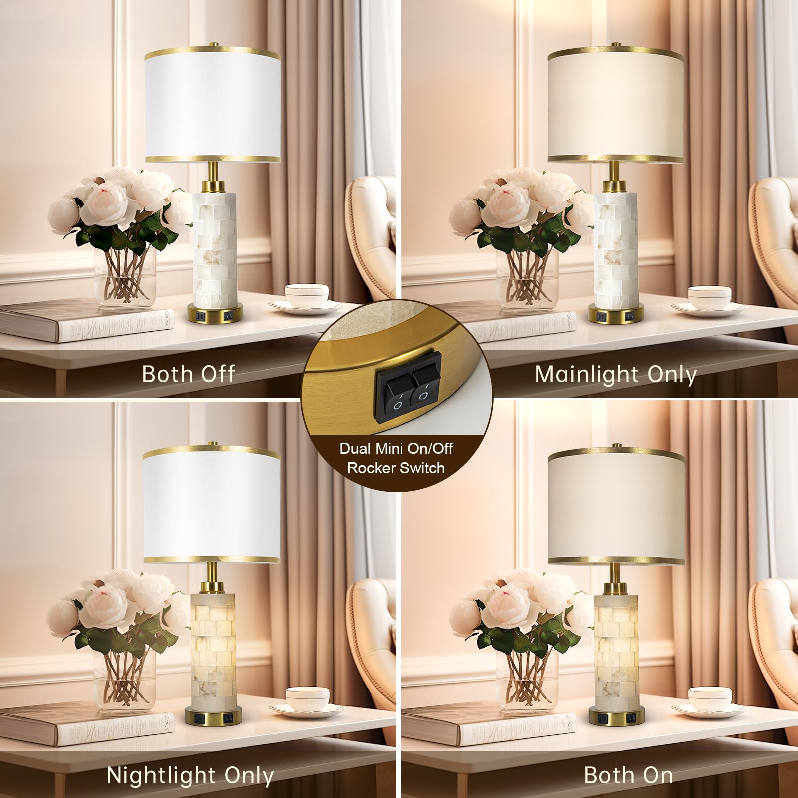 Natural Alabaster Nightstand Lamp Set of 2 - USB Charging Ports, Linen Shade, Warm White Light - Perfect for Bedroom, Living Room, Home Office, Hotel & Bar Decor