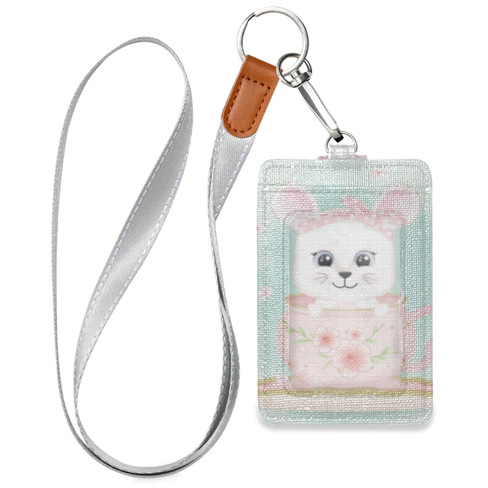 Vertical Leather ID Badge Holder with Mouse in Coffee Cup Design - Detachable Neck Lanyard, 1 Clear Plastic Window & 2 Card Slots for Office, School & Staff | Perfect for Workplace, Campus & Professional Events