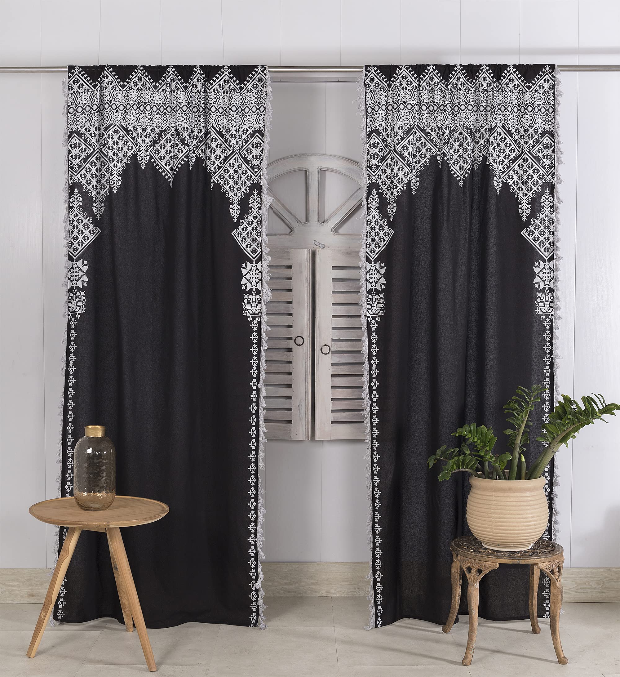 Premium Lace Fringe Curtains for Windows - 2 Panel Set (41”x87”, Black Silver) | Elegant Doorway Drapes for Living Room, Bedroom & Room Divider | Tassel Decor for Home & Office