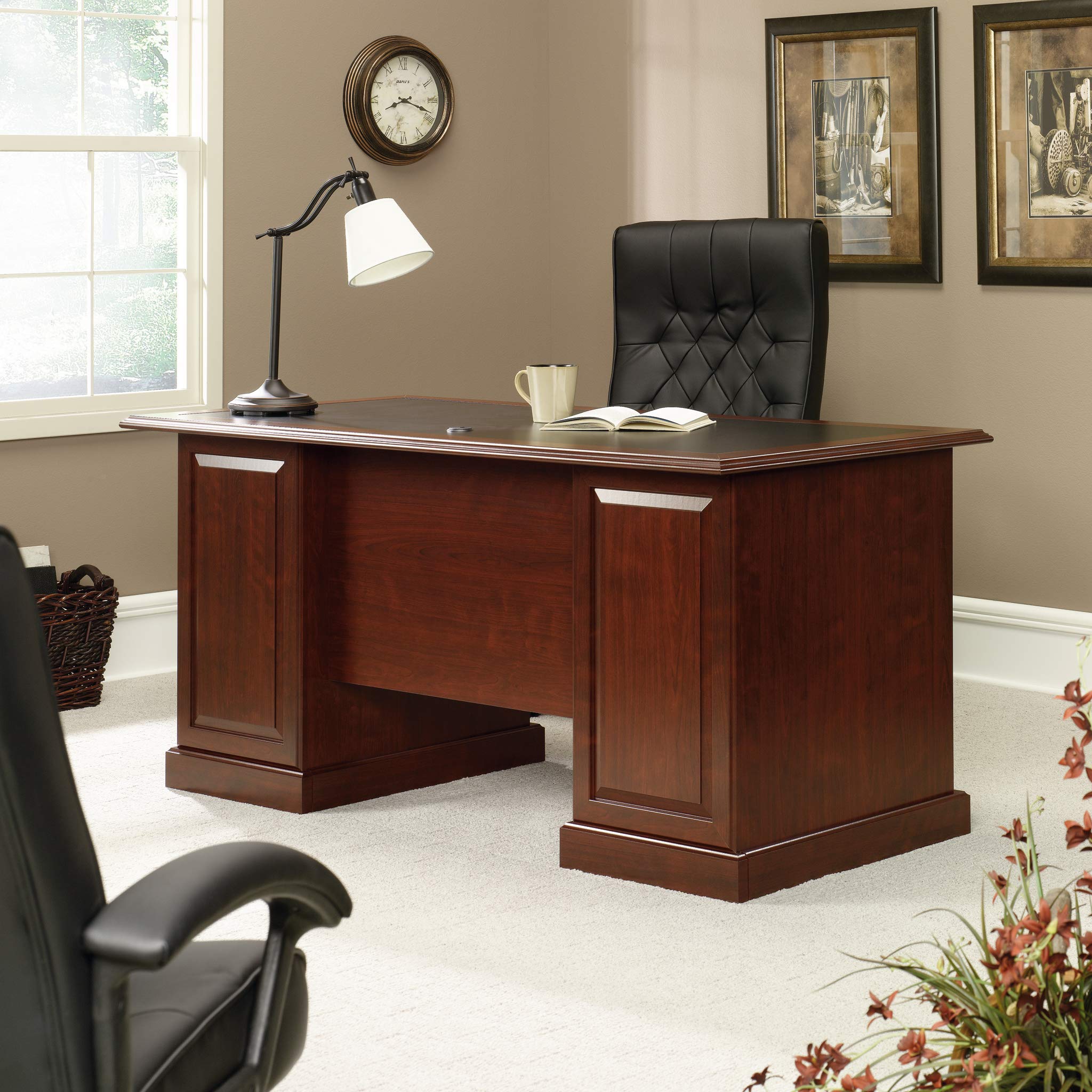 Sauder Heritage Hill Executive Desk - Classic Cherry Finish for Home Office & Workspace | Solid Wood Writing Desk with File Drawer & Keyboard Tray