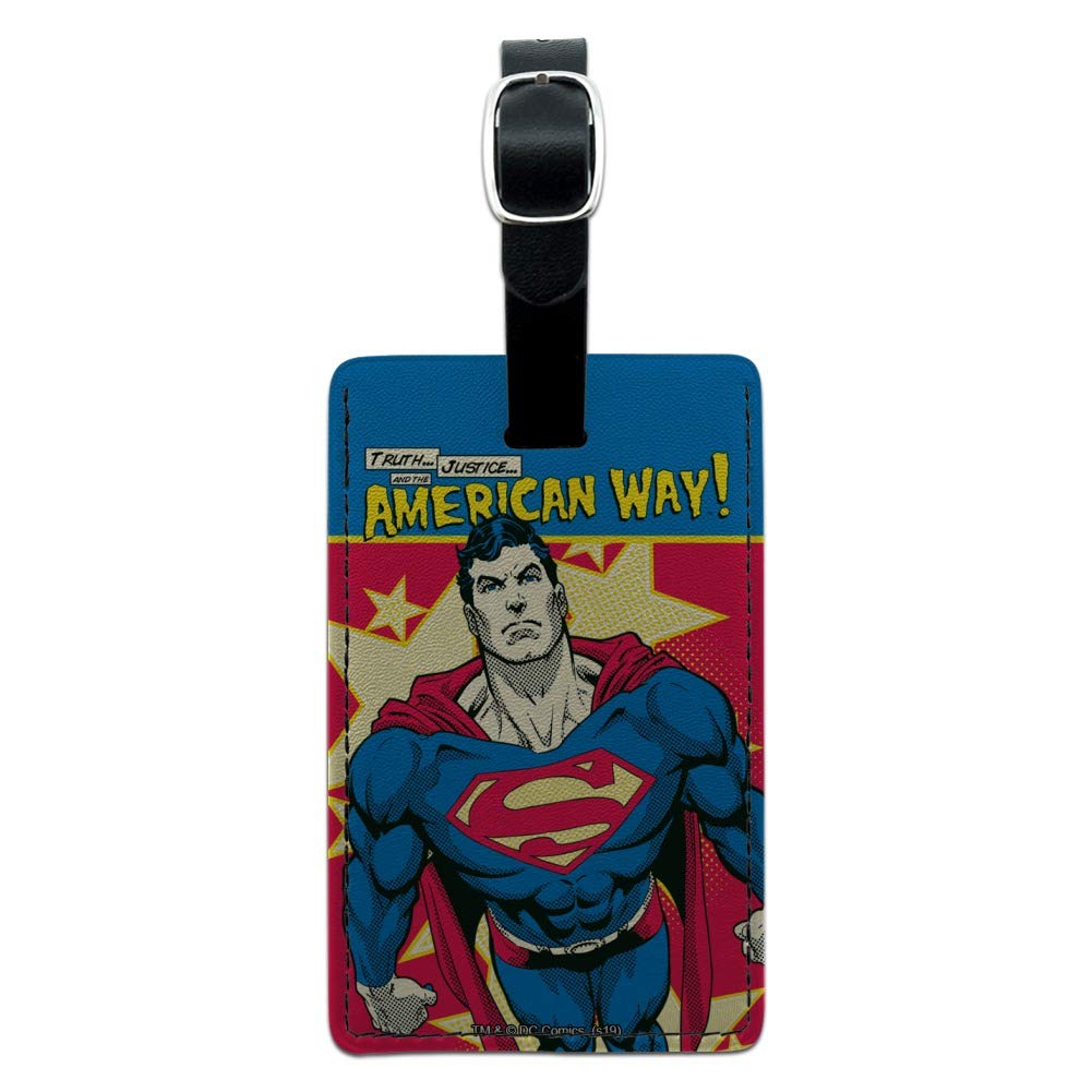 Superman The American Way Rectangle Leather Luggage Tag - Durable Carry-On ID Tag for Travel Bags & Suitcases - Perfect for Airports, Business Trips & Vacation