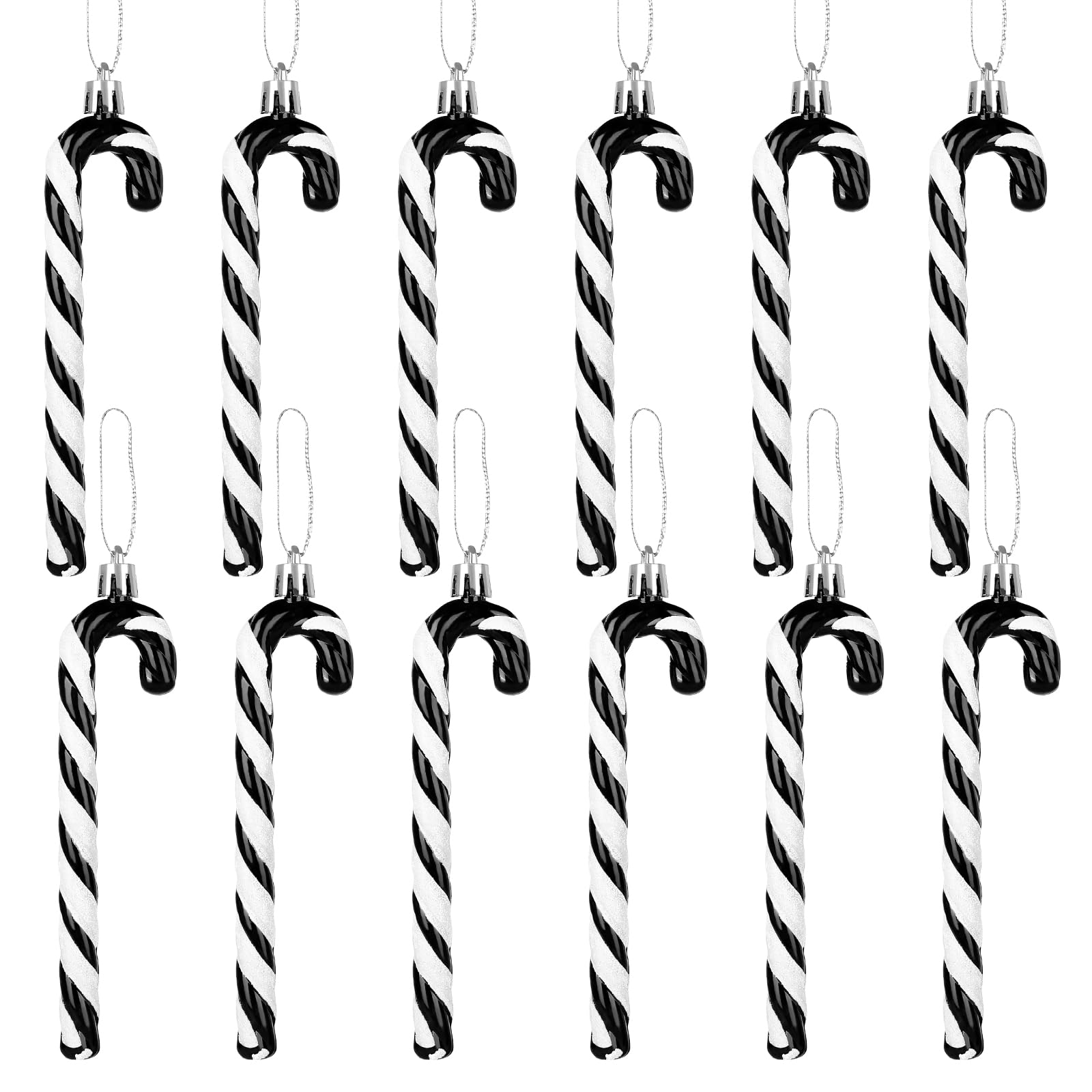 12 Pack Black and White Plastic Candy Cane Christmas Decorations - Festive Tree Ornaments, Wreath Accents & DIY Gift Tags for Holiday Home Decor, Party Favors and Seasonal Celebrations