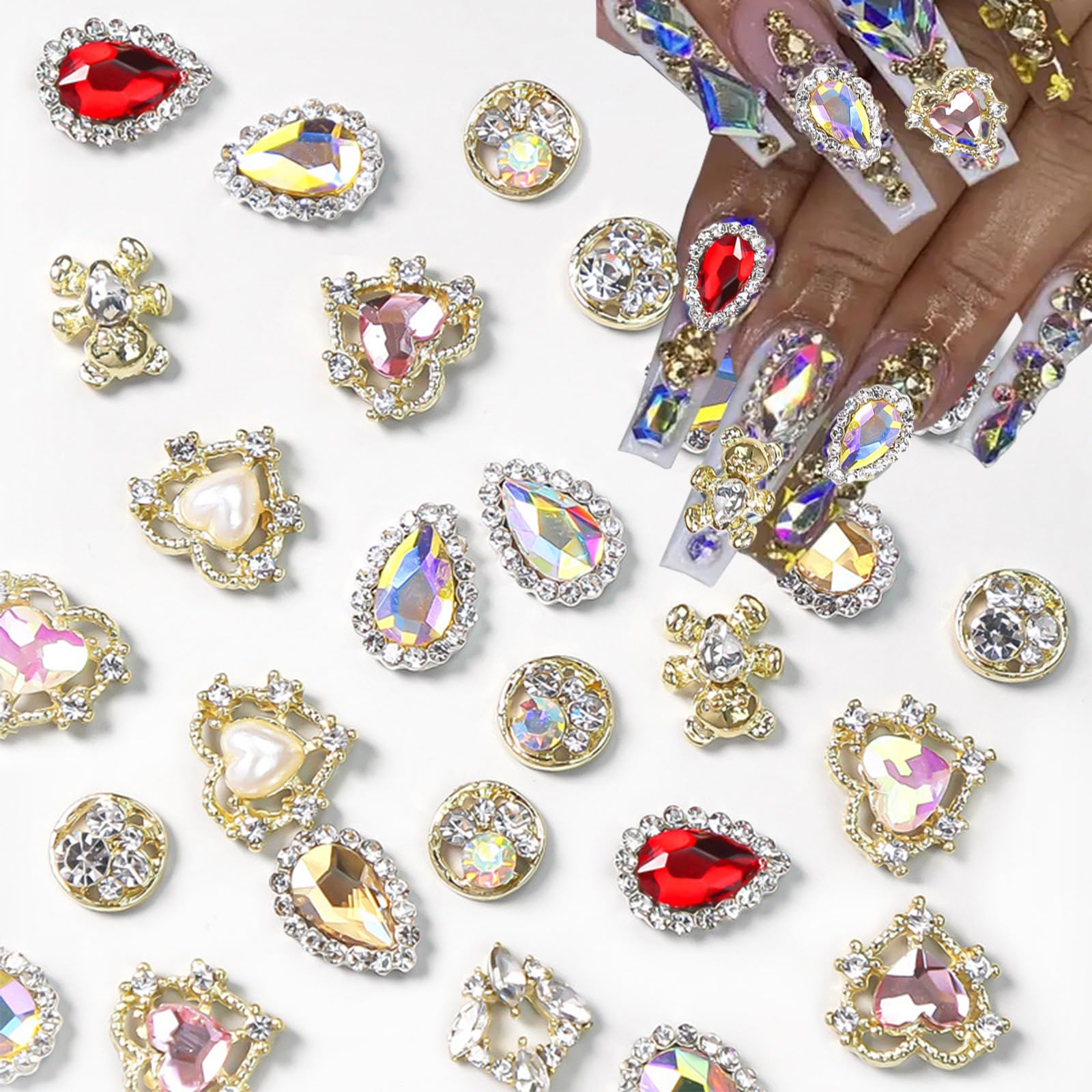 24pcs Luxury Gold Heart Nail Charms - Laser Design Alloy Rhinestones for Nail Art, Shiny DIY Nail Gems & Nail Art Supplies for Women - Perfect for Parties, Weddings, and Special Occasions