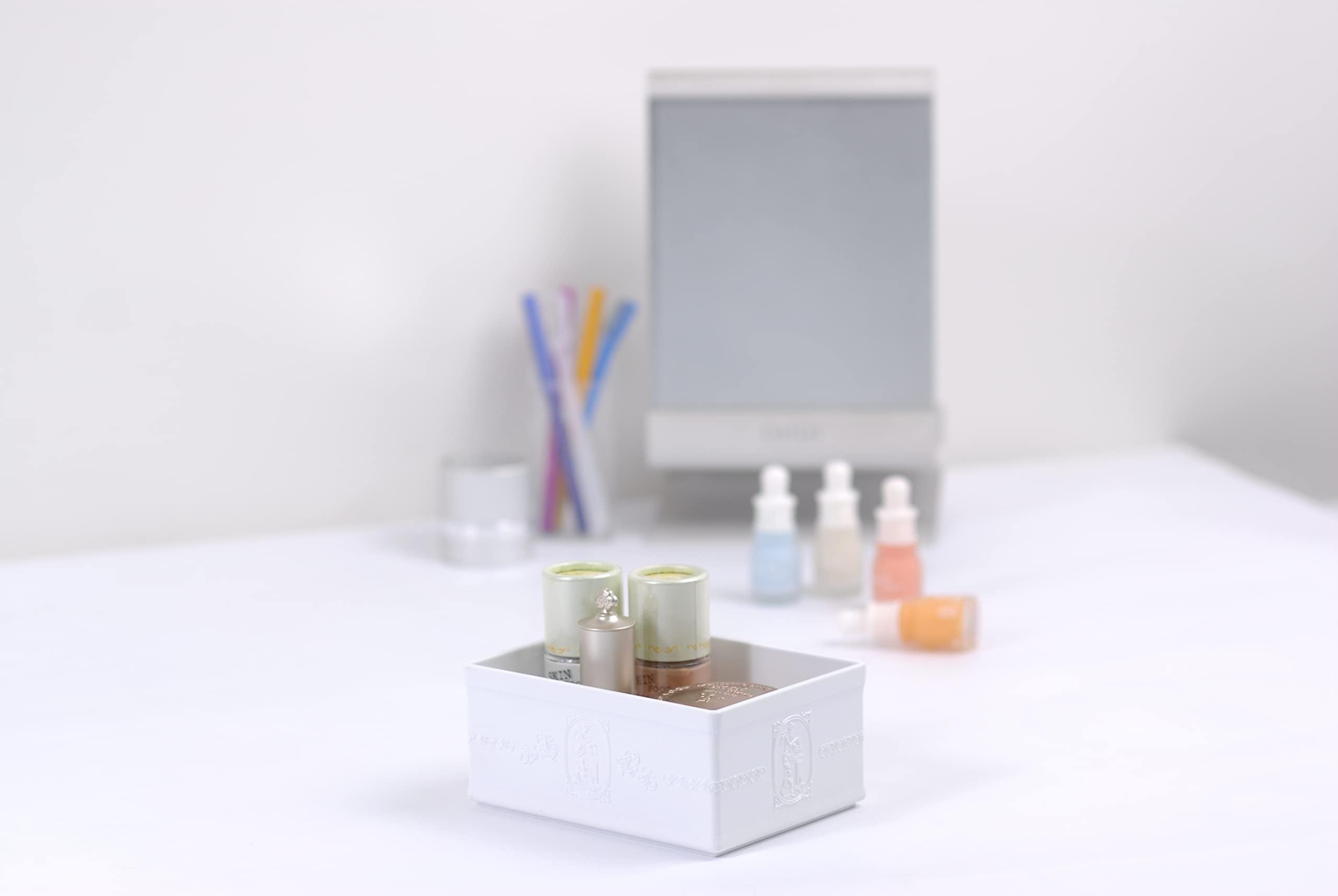 Elegant Embossed Design Organizer Tray - 2 Pack White Desktop Vanity Drawer Storage for Jewelry, Makeup & Office Supplies | Perfect for Bedroom, Bathroom & Workspace Organization