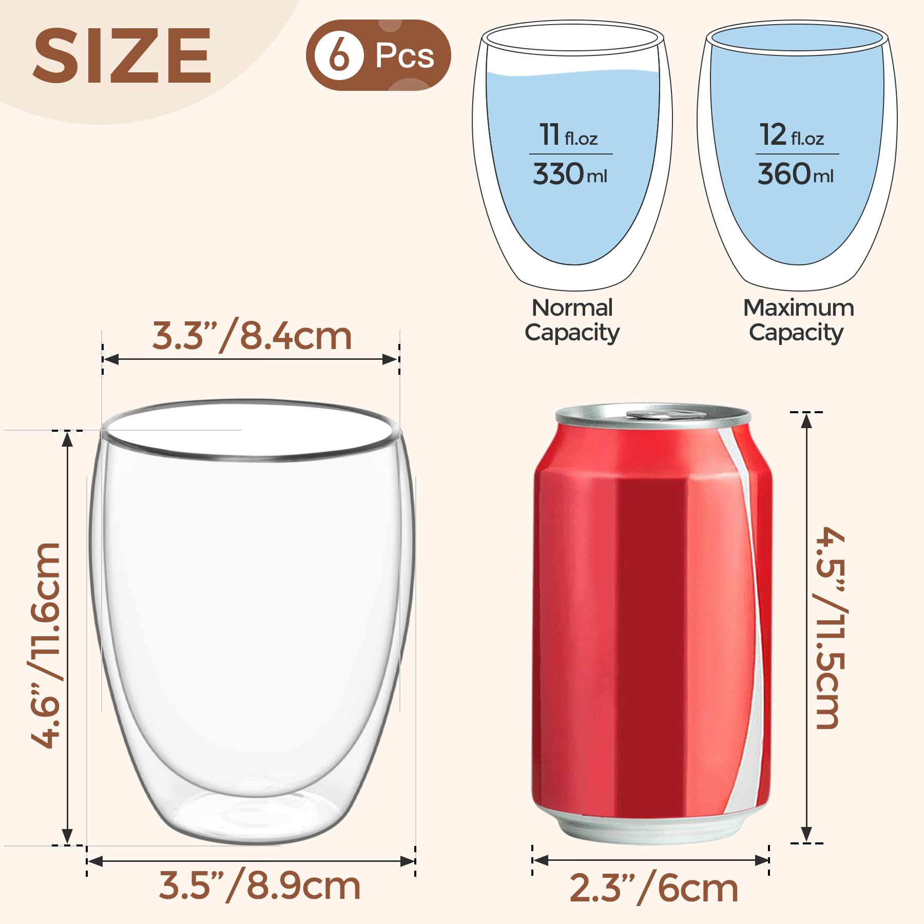 ComSaf 12oz Double Wall Insulated Glass Coffee Mugs Set of 6 - Clear Thermal Cups for Hot/Cold Beverages, Tea, Juice, Milk - Perfect for Latte, Cappuccino, Espresso - Ideal Gift for Christmas, Birthday, Housewarming - Great for Home, Office, Cafe Use