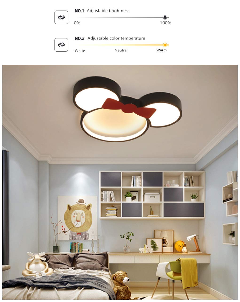 Dimmable LED Ceiling Light - Cute Cartoon Mouse Head Design, Modern Flush Mount Fixture for Girls Room, Kids Room & Nursery - Stepless Dimming, Energy Efficient - Perfect for Bedroom, Playroom & Children's Study Area