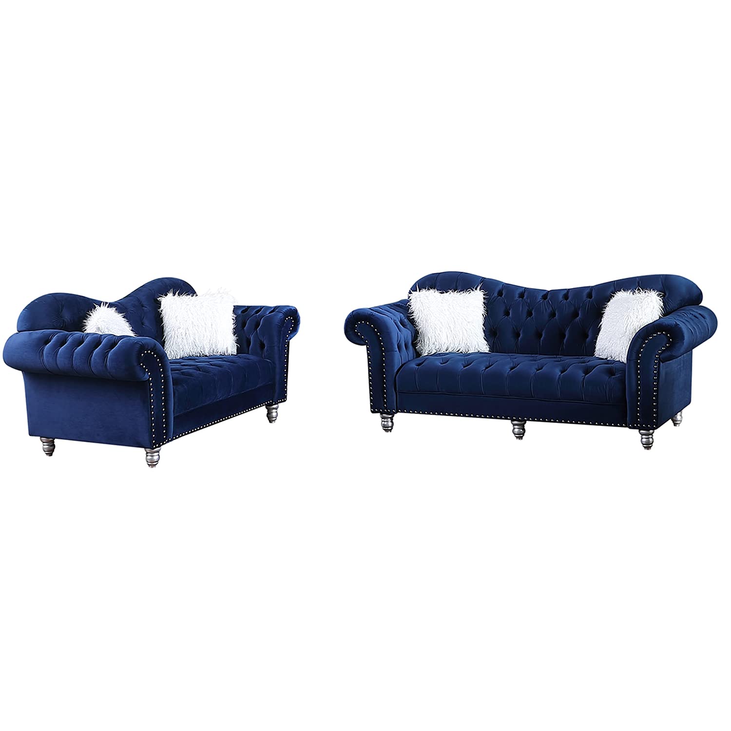Modern Fort Chesterfield Sofa Set - 2-Piece Classic Velvet Tufted Couch & Loveseat for Living Room - Elegant Blue Upholstered Furniture - Perfect for Home Theater, Lounge & Formal Sitting Areas