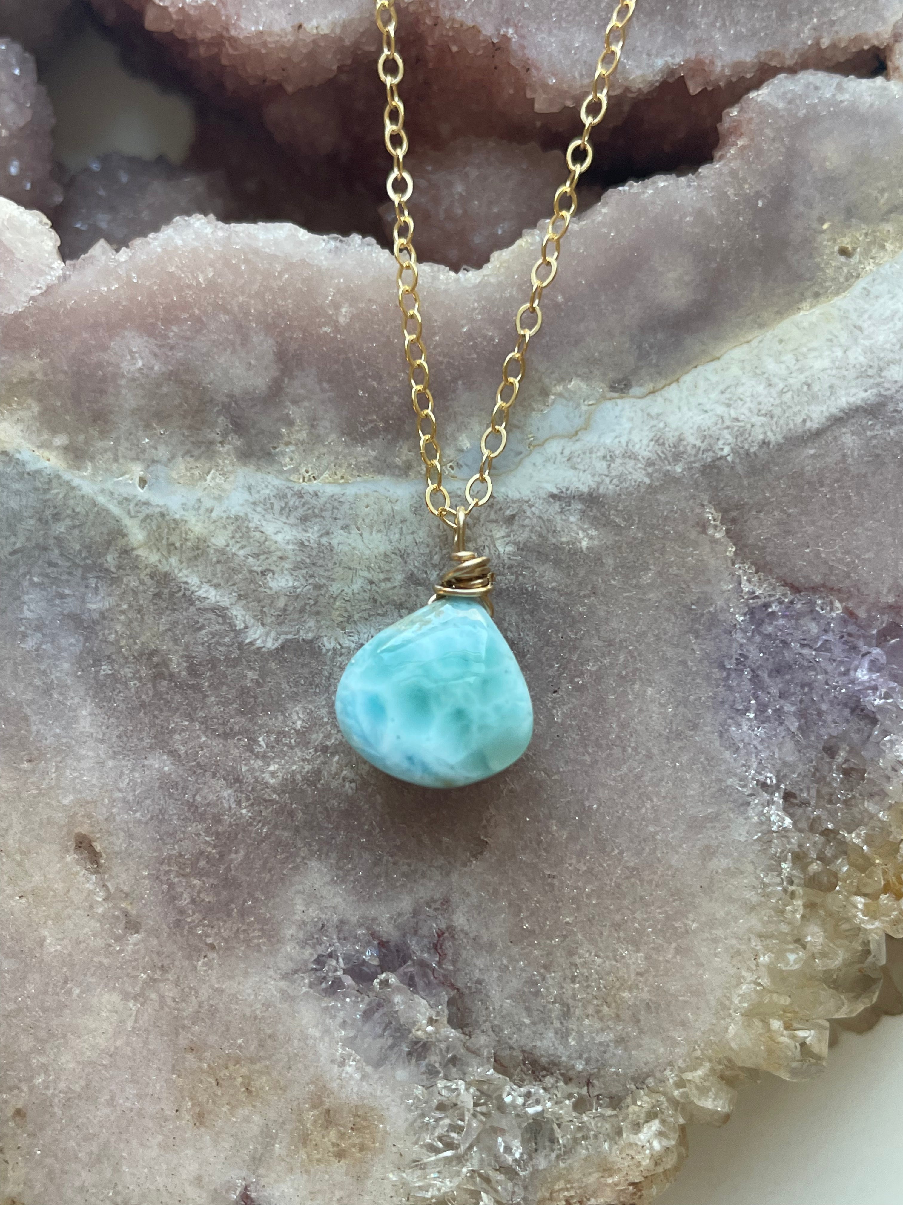 Larimar Drop Necklace - 14K Gold Filled Pendant Jewelry for Women - Perfect for Beach Vacations, Weddings & Everyday Elegance