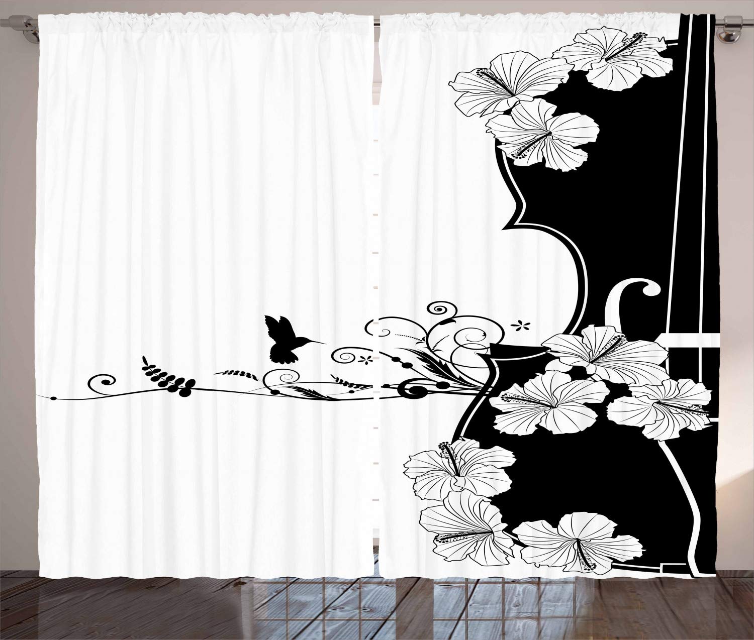 Ambesonne Art Nouveau Black and White Floral Curtains - Vintage Bird & Lily Petals Design, 2 Panel Set (108x96 Inches) for Living Room & Bedroom Windows | Elegant Home Decor, Perfect for Bohemian & Nature-Inspired Interiors